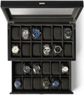 TAWBURY Watch Box for Men - Extra Large 24 Slot Watch Case with Real Glass Display, Removable Drawer and 2-inch Wide Pillows for Large Watches (Black/Charcoal)