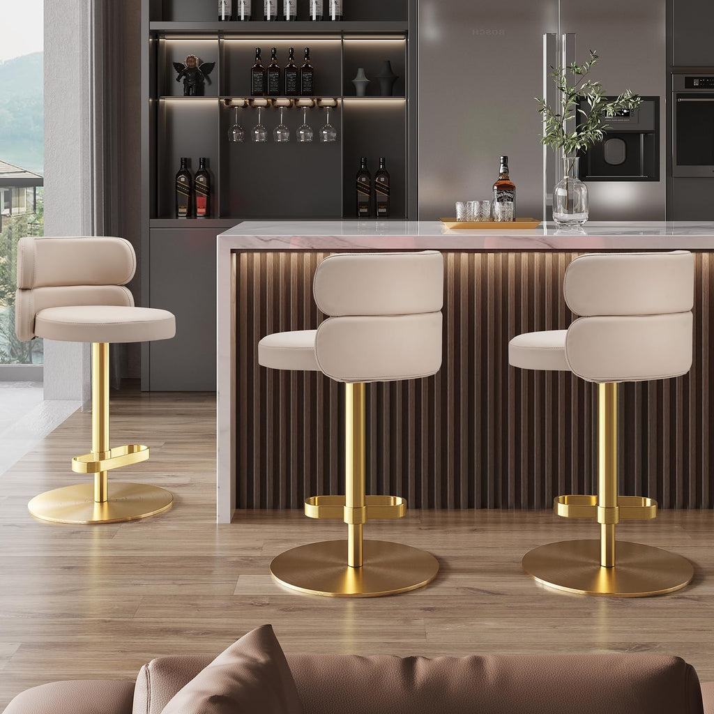 CAROCC Fireproof Leather Swivel Bar Stool Adjustable Airlift Counter Height Bar Stool Kitchen Dining Cafe Hydraulic Bar Chair with Padded Back，Gold Chromed Metal Base (1PCS Khaki)