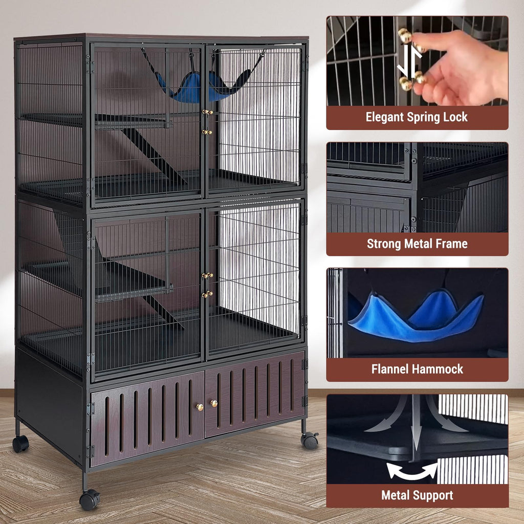 60" Large Ferret Cage, Multi-Level Small Animal Mansion with 4 Wheels, 3 Metal Ramps & Hammock for Chinchillas, Rabbits, Guinea Pigs, Includes PP Trays & Storage Cabinet