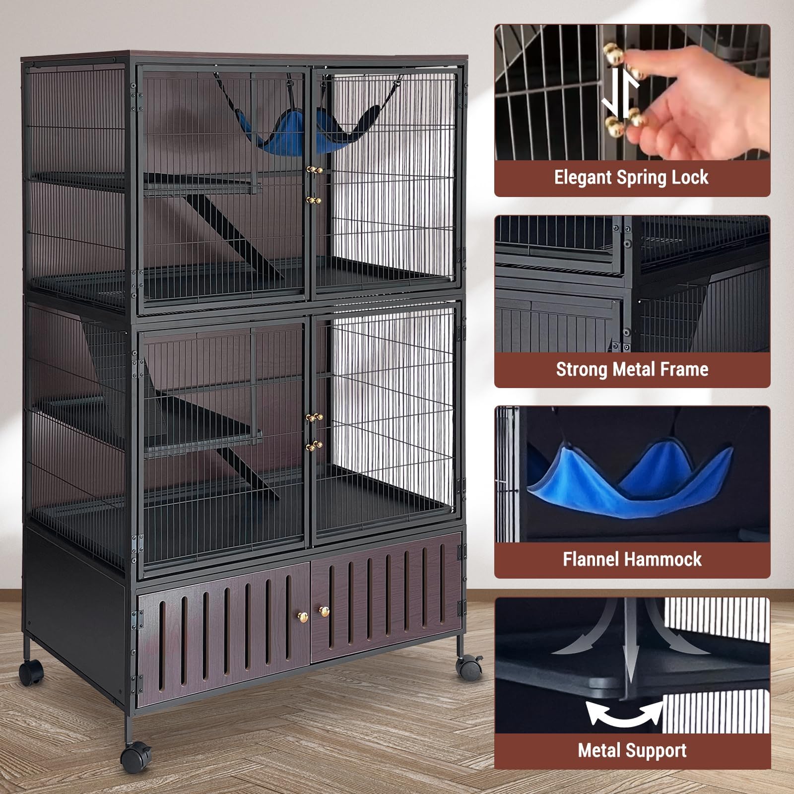 60" Large Ferret Cage, Multi-Level Small Animal Mansion with 4 Wheels, 3 Metal Ramps & Hammock for Chinchillas, Rabbits, Guinea Pigs, Includes PP Trays & Storage Cabinet