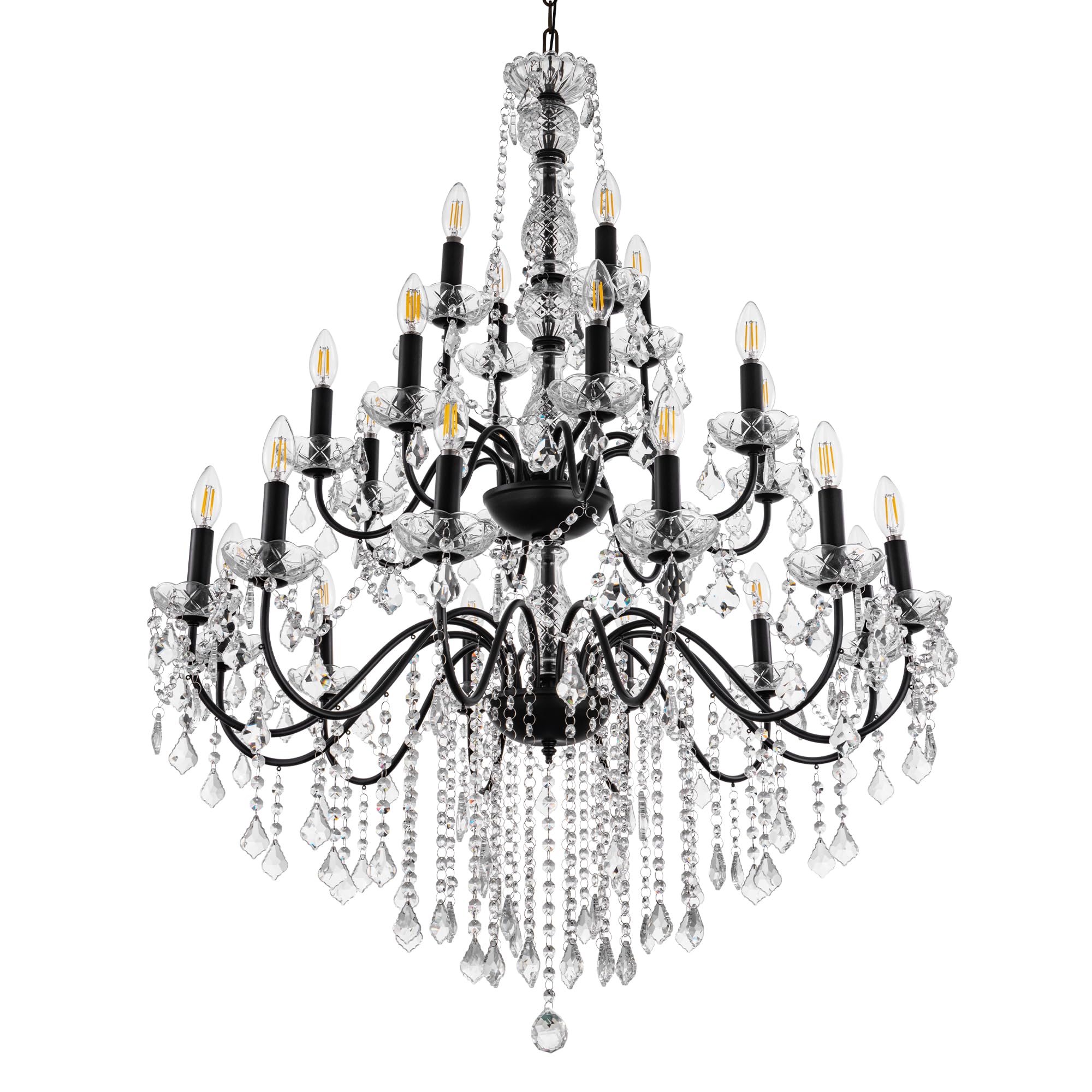 Wellmet Black Chandelier Light Fixture, Luxury Maria Theresa Crystal Chandeliers for High Ceiling Foyer, 24 Lights Hanging Pendant Light for Living Room EntryWay Hall Staircase Large 35.66" (Black)