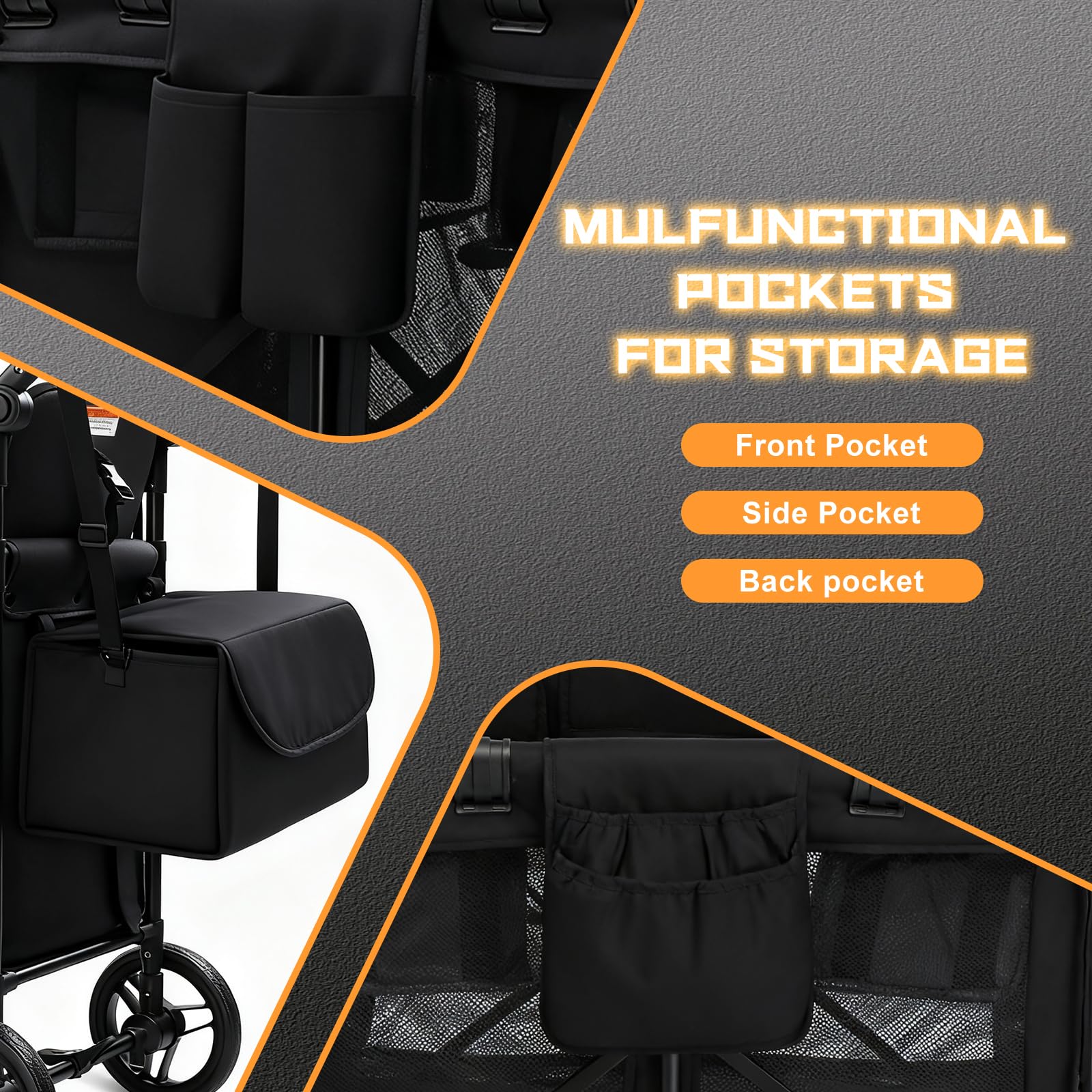 Wagon Stroller for 2 Kids, Foldable All-Terrain Wagon for Kids with Canopy, Adjustable Push and Pull Handles,Convertible High Seat & Organizer, 5 Point Harness (Black)