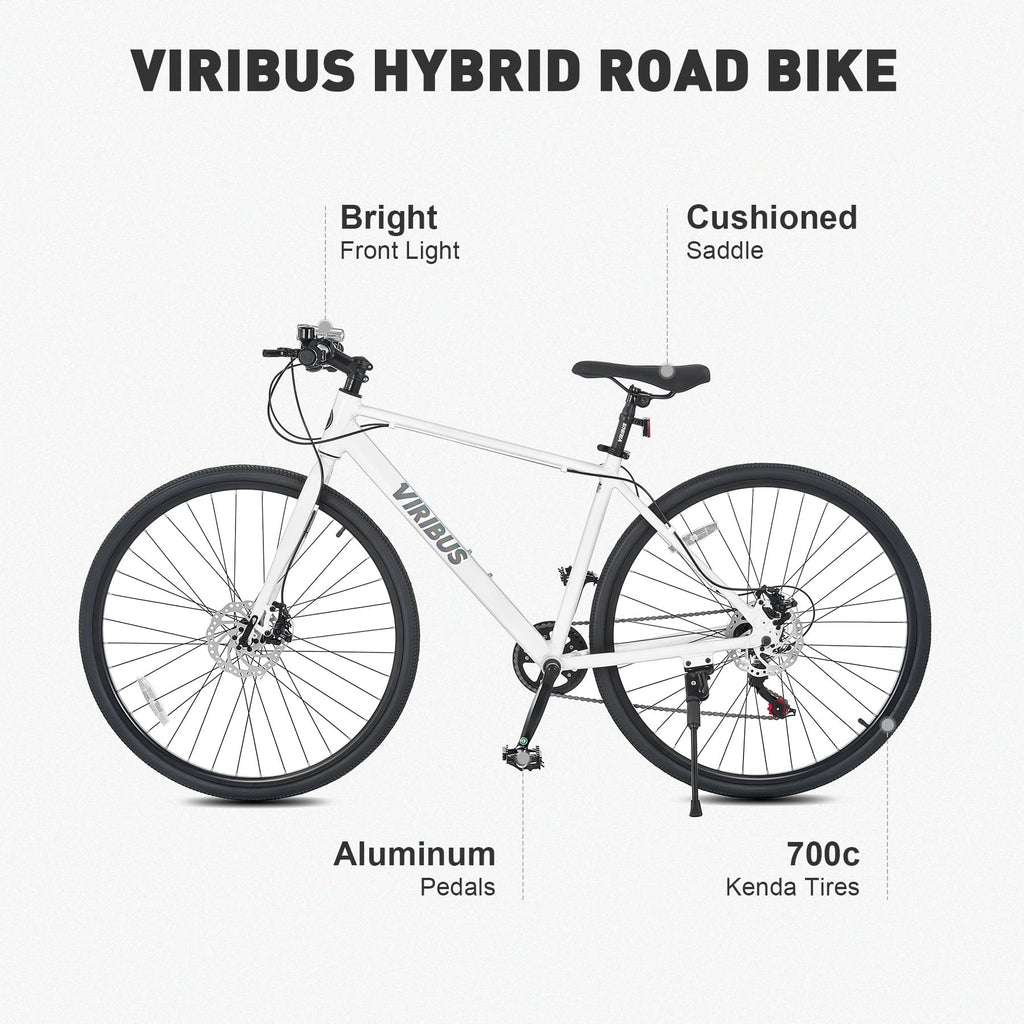 Viribus Hybrid Bikes, 28 inch Road Bike with Lightweight Aluminum Frame for Men, 700C Hybrid Bicycle 7 Speed for Addult Mens City Commuter, White