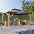 LUXOAK 13x15 Wood Gazebo, Hardtop Outdoor Gazebo with Aluminum Double Roof, Outdoor Wooden Pavilion for Parties, Backyard, Patio, Lawns, Black + Natural Wood