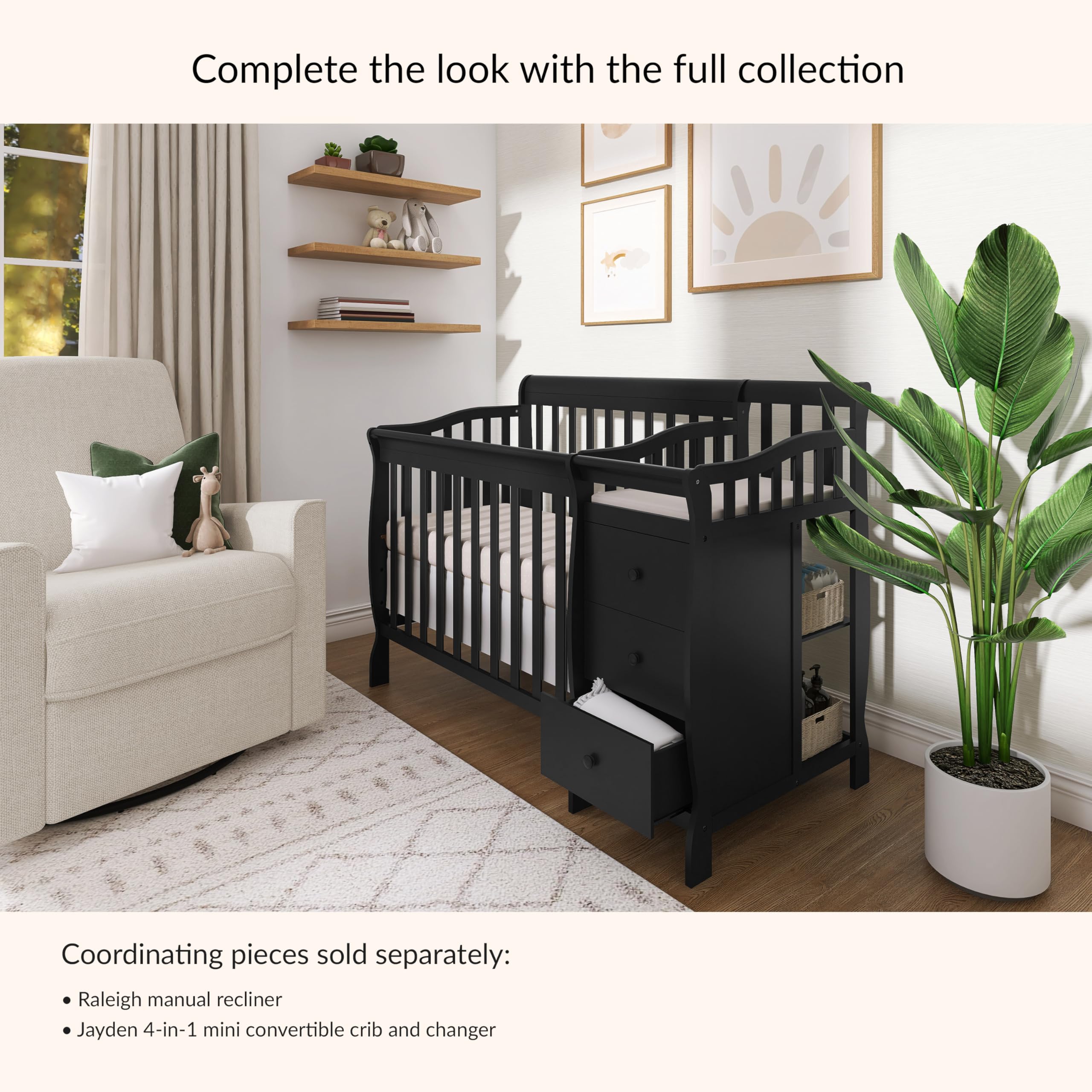 Dream On Me Jayden 4‑in‑1 Mini Convertible Baby Crib & Changer with Storage in Black, Pinewood, GreenGuard Gold & BSA, 1” Mattress Pad, 3 Mattress Heights, Converts to Mini Day & Twin-Size Bed