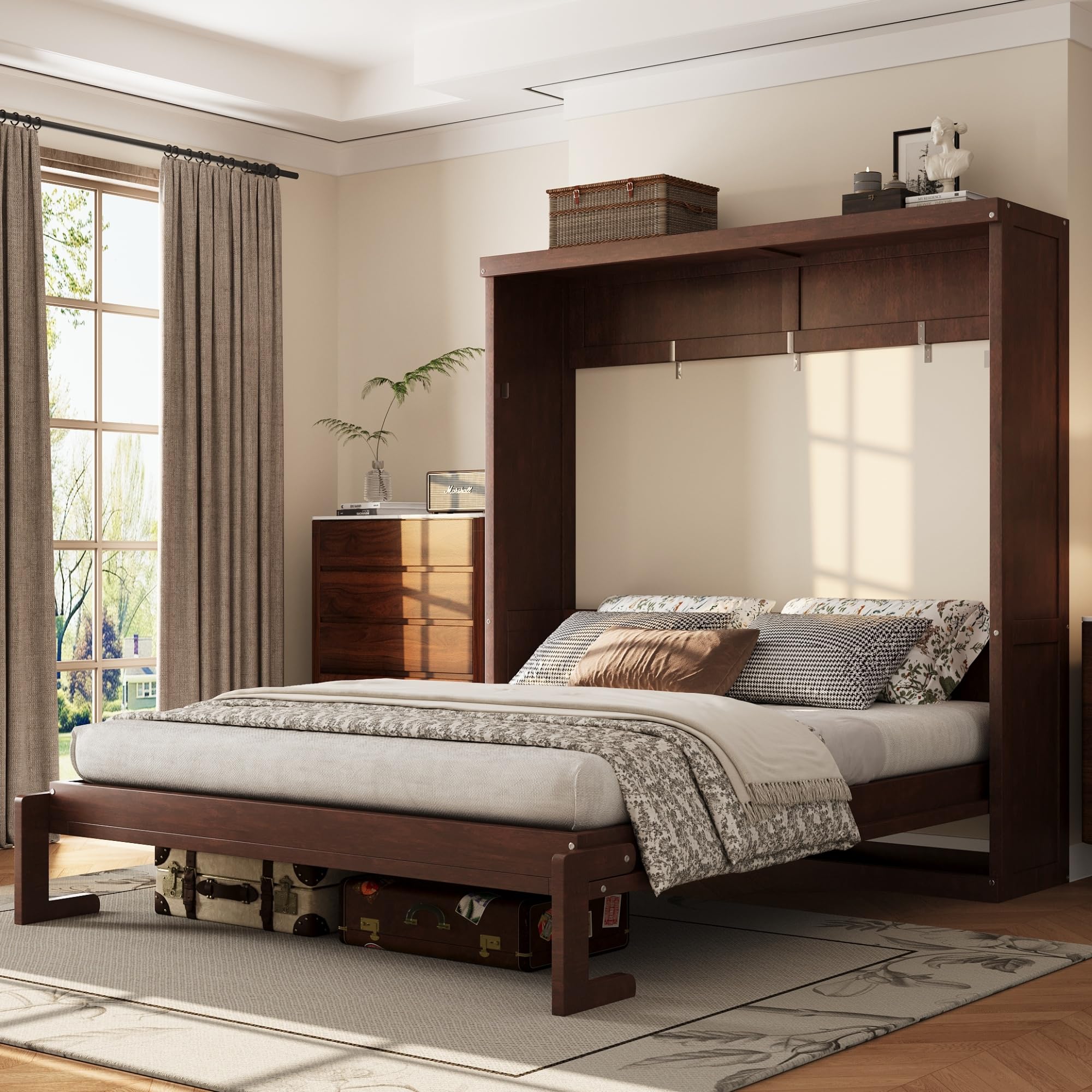 Full Murphy Bed Space-Saving Wall Bed, can be Folded into a Cabinet Bed for Multipurpose Guest Room or Home Office, Espresso