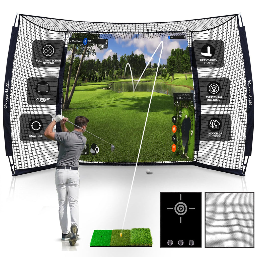 Golf Cage with Impact Screen, 10x8 Ft Golf Hitting Net w/Sound-Dampening Cloth, Practice Mat, Golf Simulator Enclosure, Indoor & Outdoor Driving Chipping Equipment for Home, Backyard & Garage