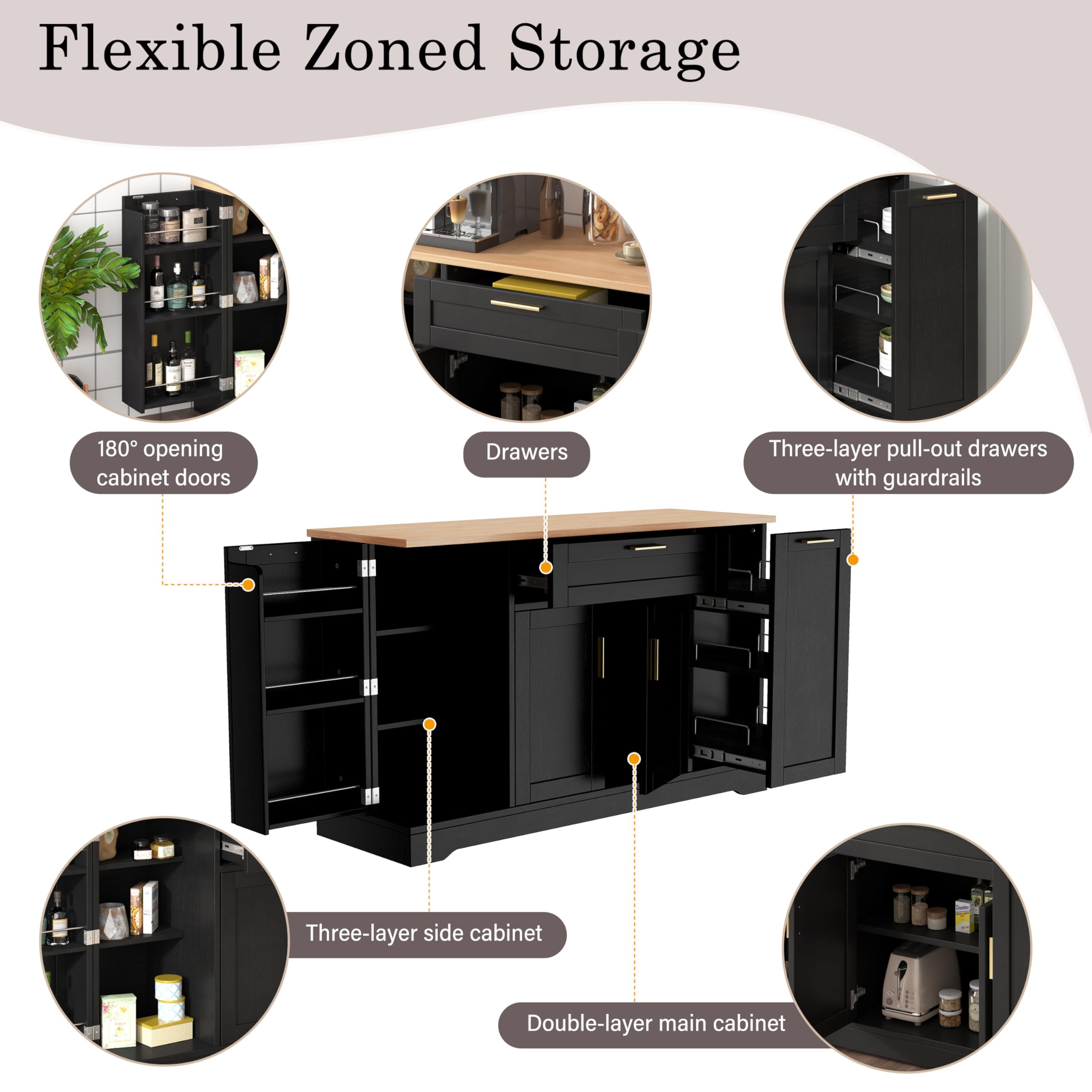 GDFStudio Buffet Cabinet with 3-Tier Pull-Out Rack, Adjustable Shelves, Multi-Functional Storage Cabinet Sideboard Coffee Bar Cabinet, Kitchen Island Storage for Dining Room Living Room, Black