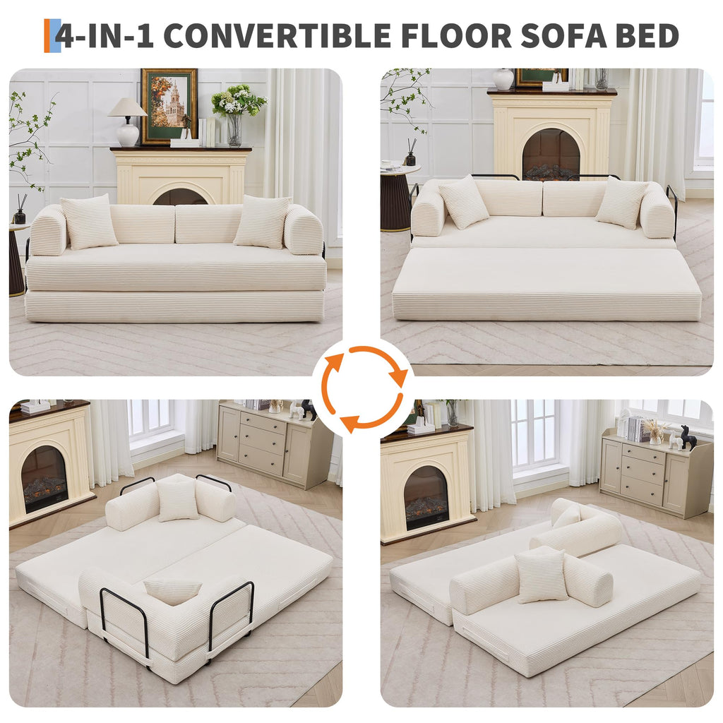 GarveeHome 79" Convertible Sleeper Sofa Bed Couch, 4-in-1 Boneless Corduroy Folding Sofa Bed with Pillow & Fixed-Shape, Floor Mattress Couch Loveseat for Living Room Apartments - No Assembly, Beige
