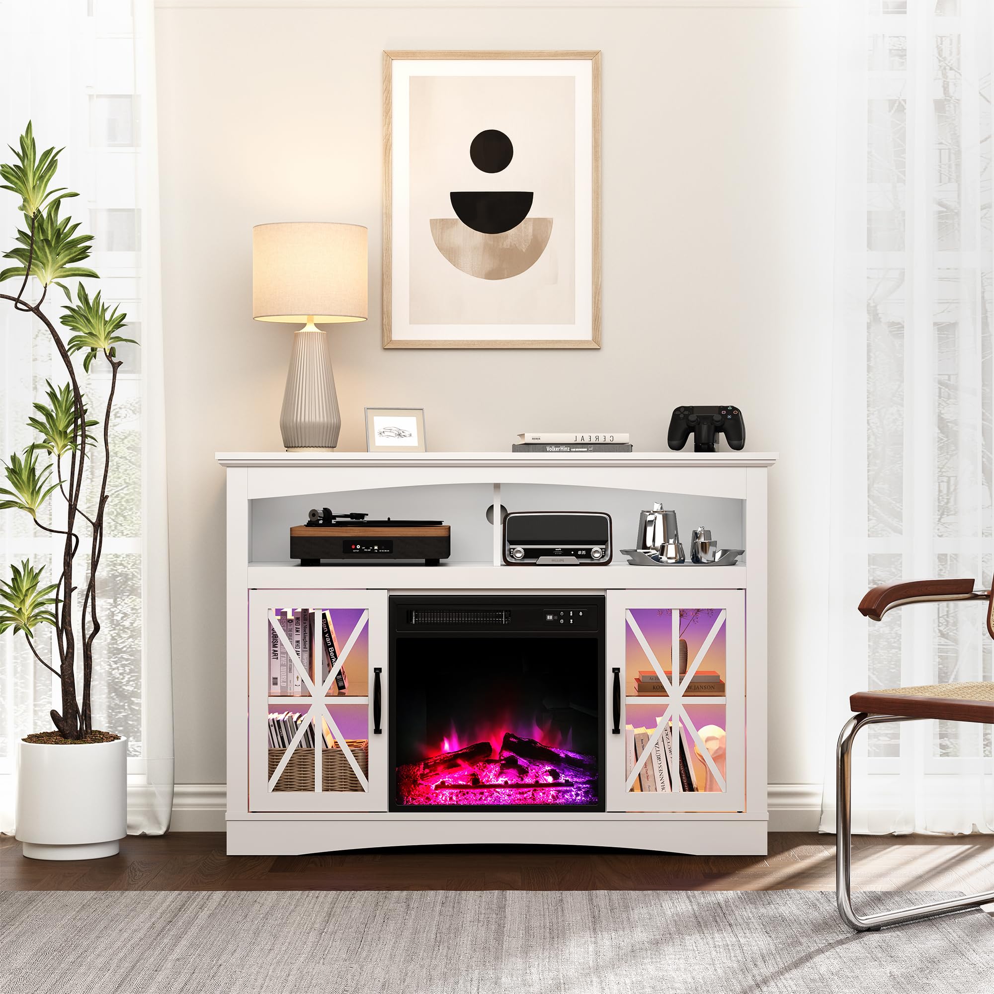 FansaFurn 47'' Farmhouse TV Stand with Fire Place and Adjustable Shelves, Retro TV Console with Glass Doors, Media Entertainment Center Storage Cabinet for Living Room, Bedroom, White