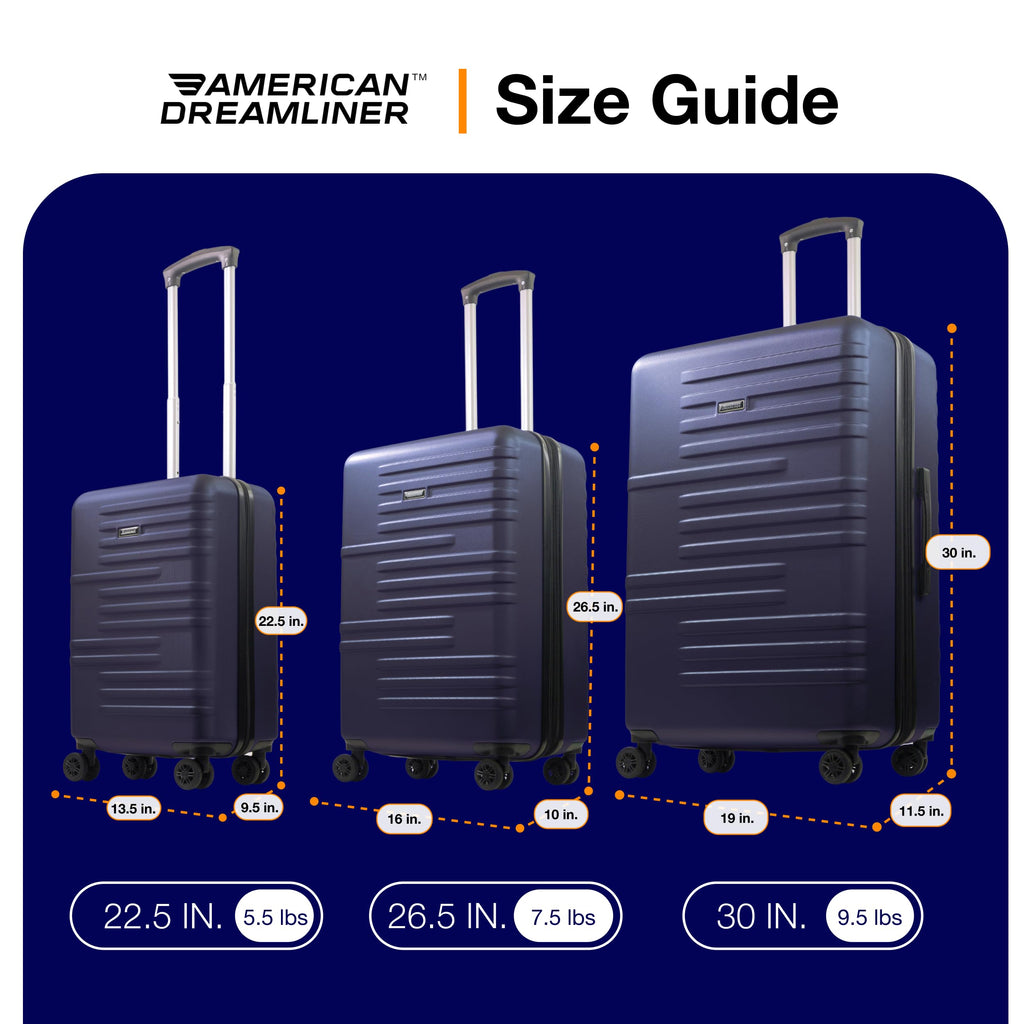 American Dreamliner 3 Piece Set Rolling Luggage, Hardshell Suitcases with Spinner Wheels, 22.5, 26.5, and 30 Inch, Navy