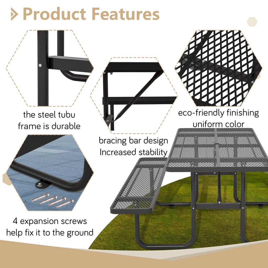Dvasovio 72 Inch Rectangular Metal Picnic Table with 1.73" Umbrella Hole, Heavy-Duty Steel Mesh Table Set, Weather Resistant Sturdy Outdoor Furniture, for Patio, Garden, Courtyard & BBQ, Black