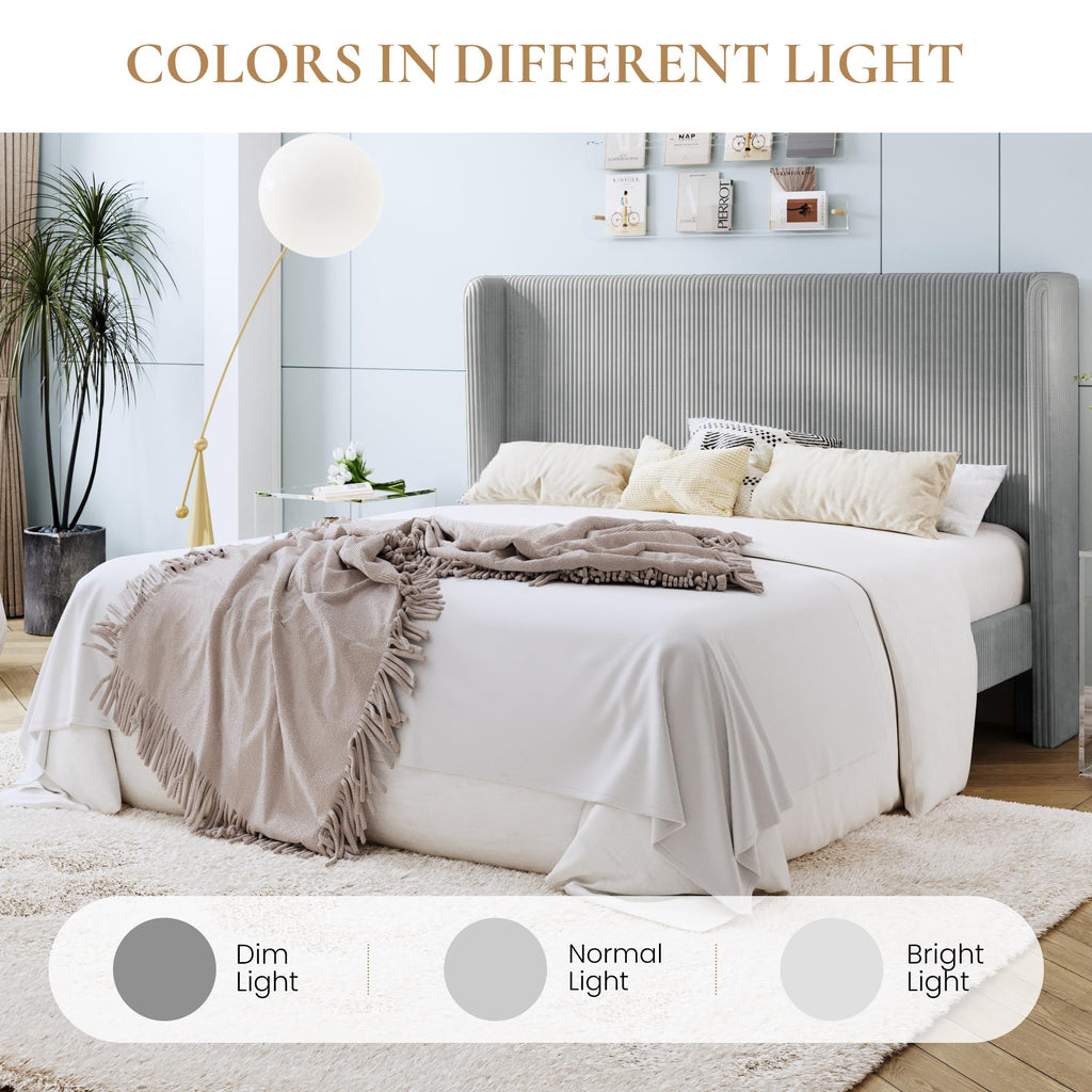 SHA CERLIN King Size Corduroy Upholstered Platform Bed Frame with Vertical Channel Tufted Wingback Headboard, 8" Under Bed Storage, Wooden Slats & Metal Frame Support, Easy Assembly, Light Grey