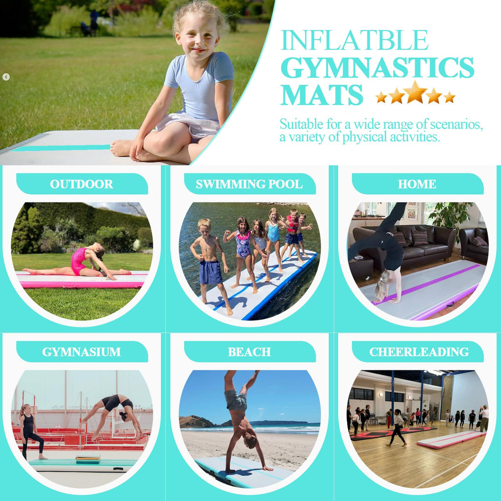 Gymnastics Mats, Air Mat Tumble Track 20FT 8 Inch Thickness Inflatable Training with Carry Bag Electric Pump For Home Use, Cheerleading, Yoga, Water Exercise (Green)