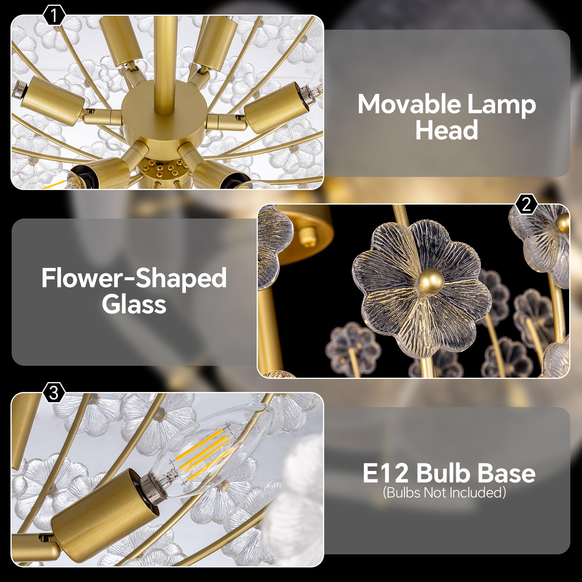 Wellmet Gold Semi Flush Mounts Ceiling Light,Sputnik Ceiling Light Fixture for Bedroom,Flowers Glass Modern Chandelier for Dining Room,Mid Century Close to Ceiling Light for Foyer,Living Room,Nursery