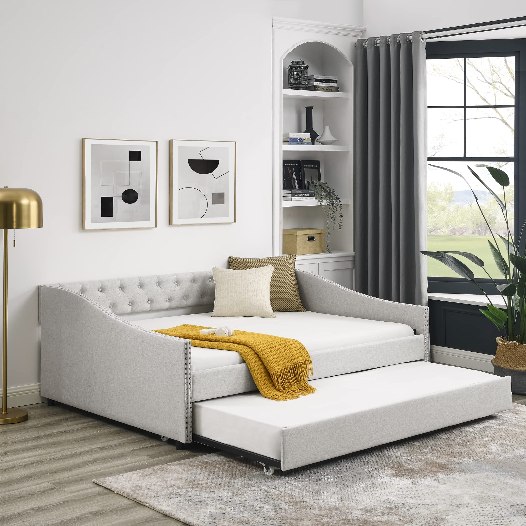 Favfurish Full Size Daybed with Twin Size Trundle, Upholstered Tufted Sofa Bed, with Nailhead Trim,with Button on Back,for Bedroom,Livingroom,Small Space,Beige (80.5''x55.5''x27.5'')