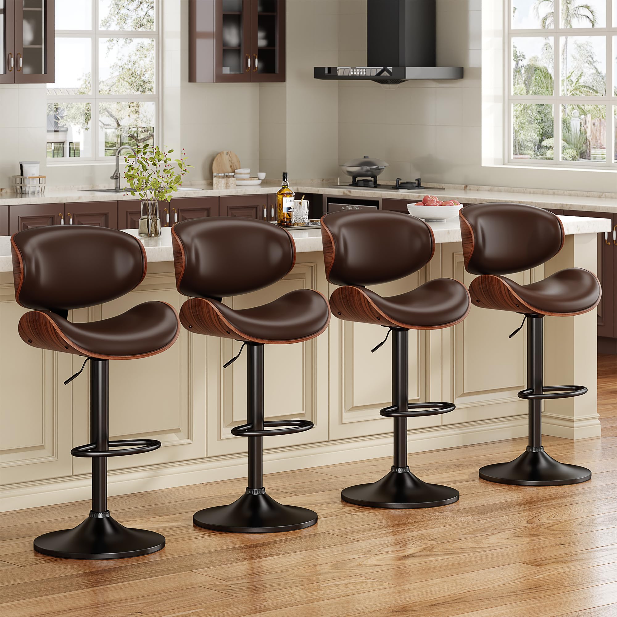 YaFiti Bar Stools Set of 3, Bentwood Adjustable Height Swivel Bar Stools, PU Leather Upholstered Bar Chair with Back and Footrest for Bar, Kitchen, Dining Room, Brown
