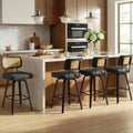 Swivel Bar Stools Set of 4, 26" Upholstered Counter Height Bar Stools with Rattan Back and Bent Wood Legs, Faux Leather Modern Barstools for Kitchen Island,Rattan Black/Dark Walnut Frame
