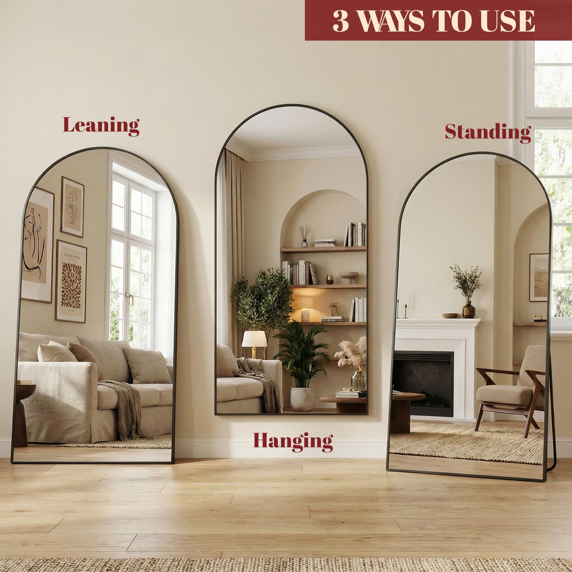 Suidia 86"x46" Arched Full Length Mirror with Stand, Full Body Mirror with Aluminum Frame, Freestanding/Leaning/Wall-Mounted, Floor Mirrors for Bedroom, Living Room, Entryway, Dressing Room, Black