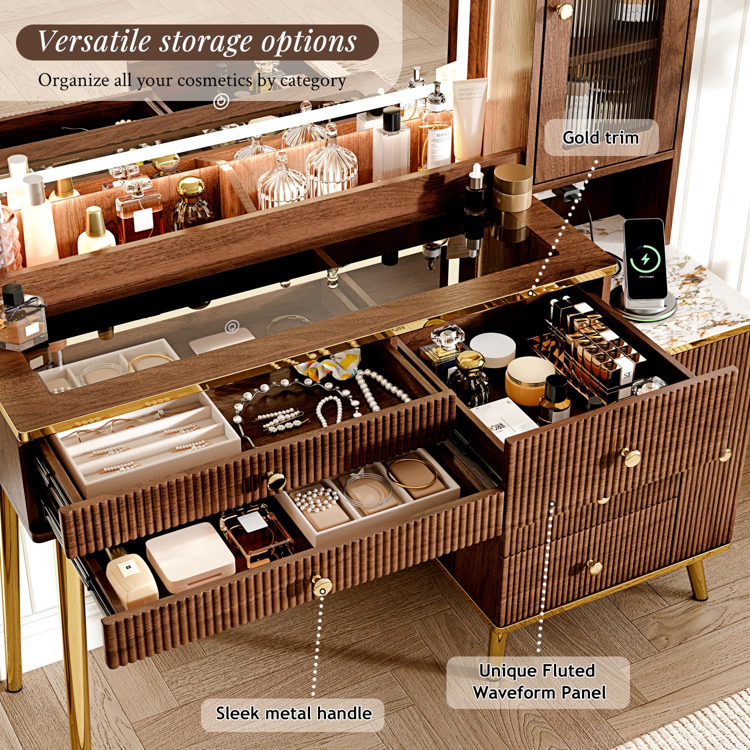 Arulvmrn Vanity Desk with 35.12" HD Lighted Mirror, 46.85" Big Modern Vanity Desk with Mirror and Lights, Makeup Vanity with 7 Drawers and Storage Shelves and Charging Station, Walnut