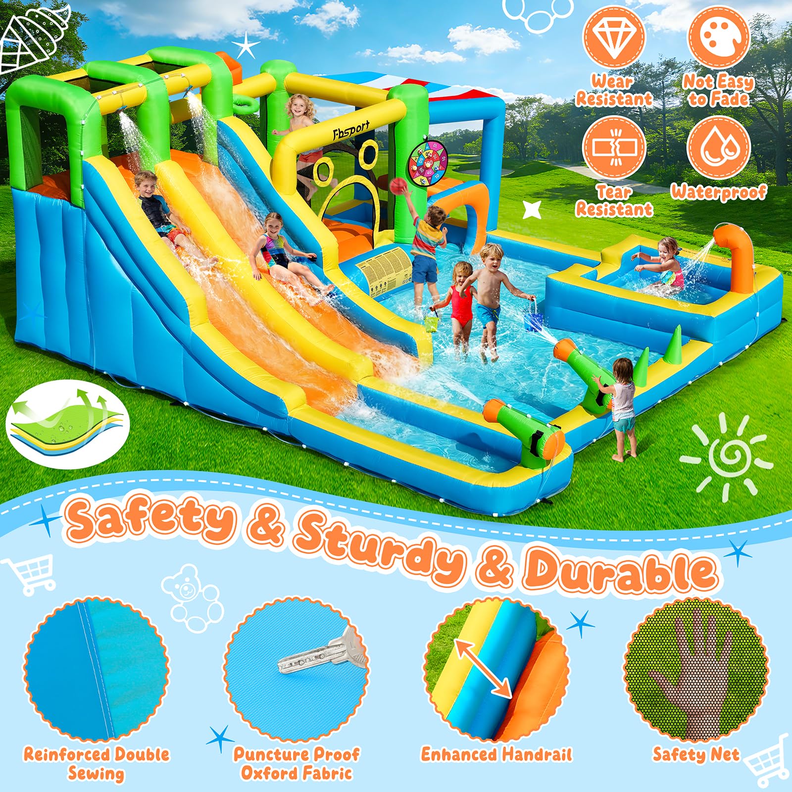 FBSPORT Inflatable Bounce House Double Water Slide,11 in 1 Inflatable Water Slide Park with 680W Blower, Splash Pool, Climbing Wall, Bouncy Castle for Indoor Outdoor Backyard