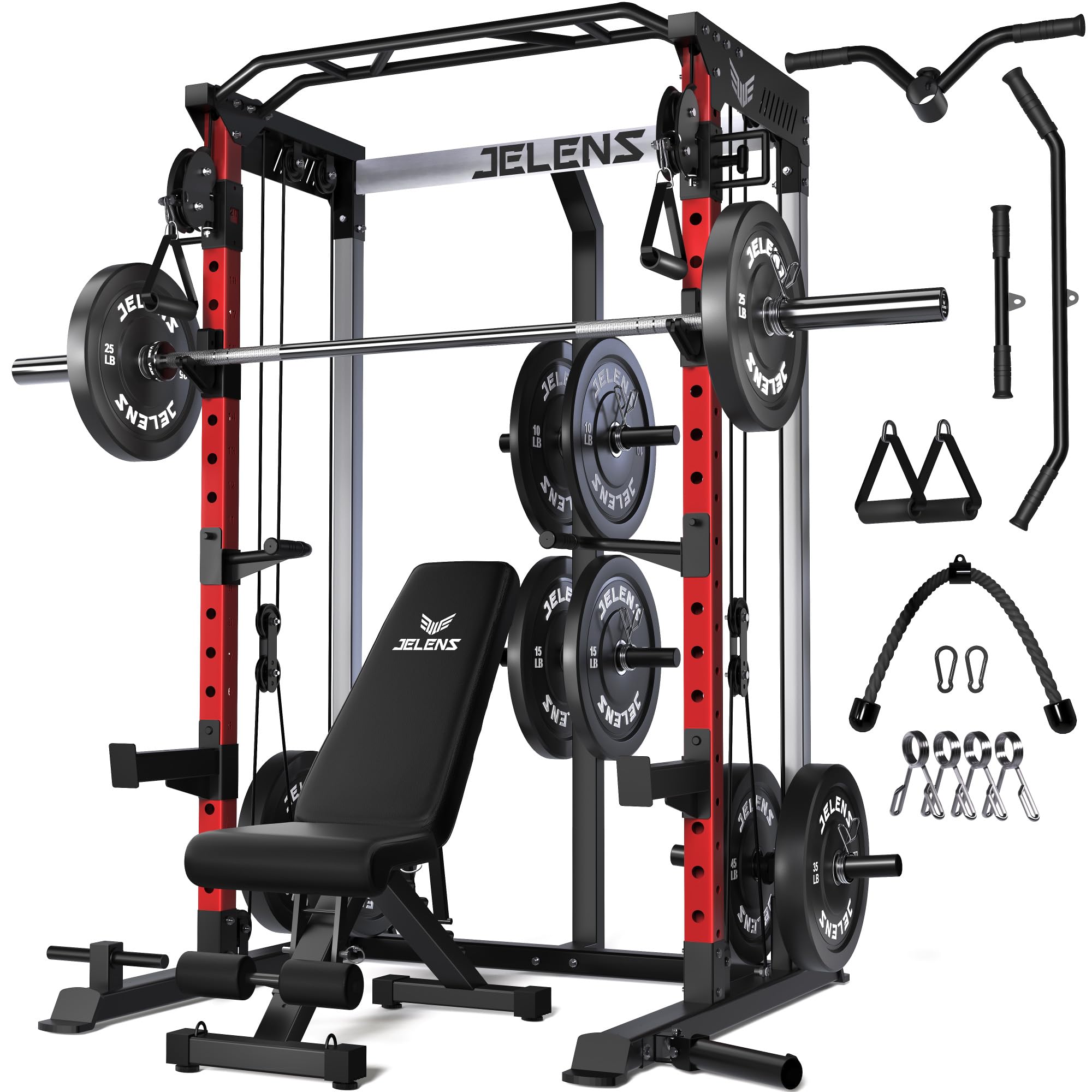 JELENS C21 Power Cage, 2000LBS Multi-Function Power Rack with Independent Dual Pulley System, All-in-One Squat Rack for Cable Crossover, Home Gym Workout Machine (Red, 260LBS Black)