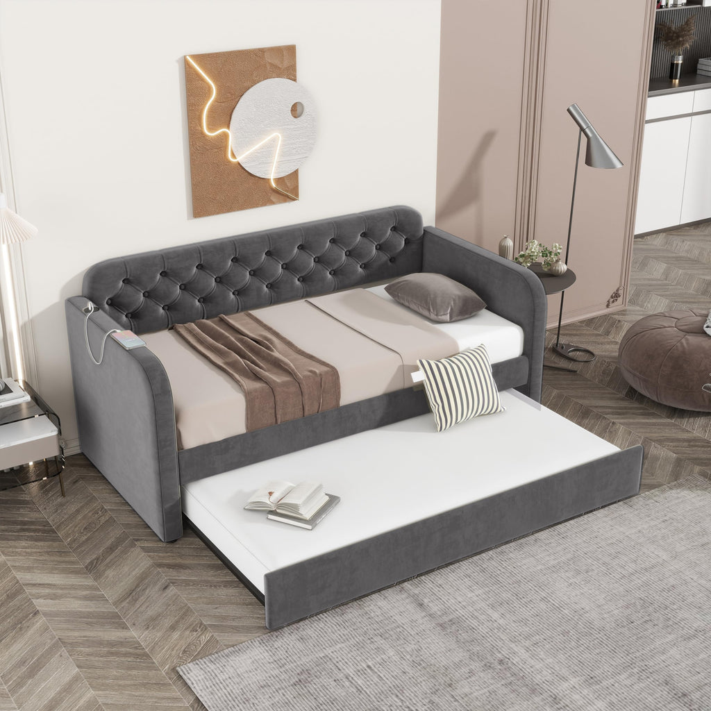Ball & Cast Twin Size Daybed W/Trundle,Velvet Day Bed with Pop Up Trundle Bed W/USB Charging Ports,Upholstered Sofa Bed W/Back,No Box Spring Needed,for Bedroom,Guest Room,Dark Gray