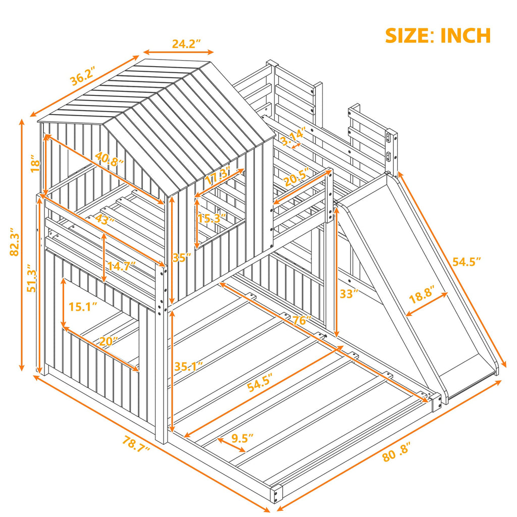 Twin Over Full Bunk Bed Frames with Slide, Safety Guardrails and Ladder for Teens, Girl or Boys, House Shape, Gray