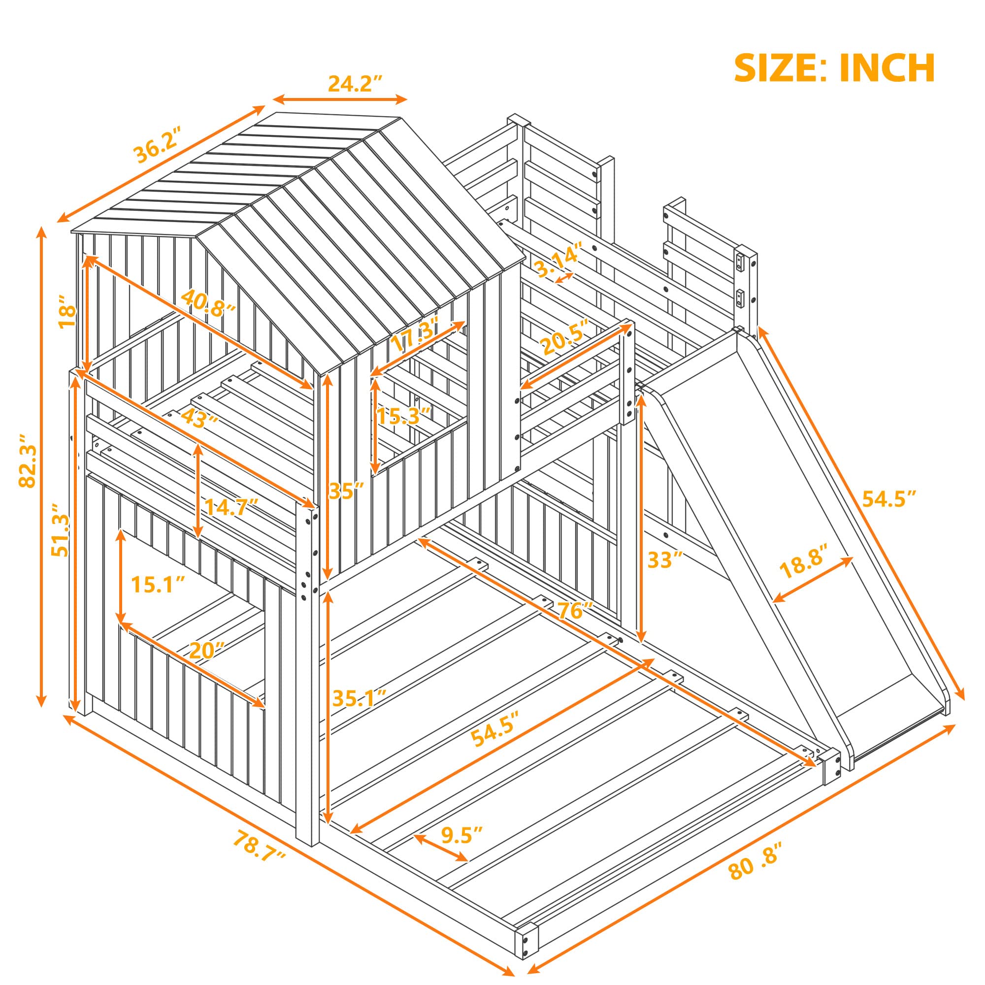 Twin Over Full Bunk Bed Frames with Slide, Safety Guardrails and Ladder for Teens, Girl or Boys, House Shape, Gray