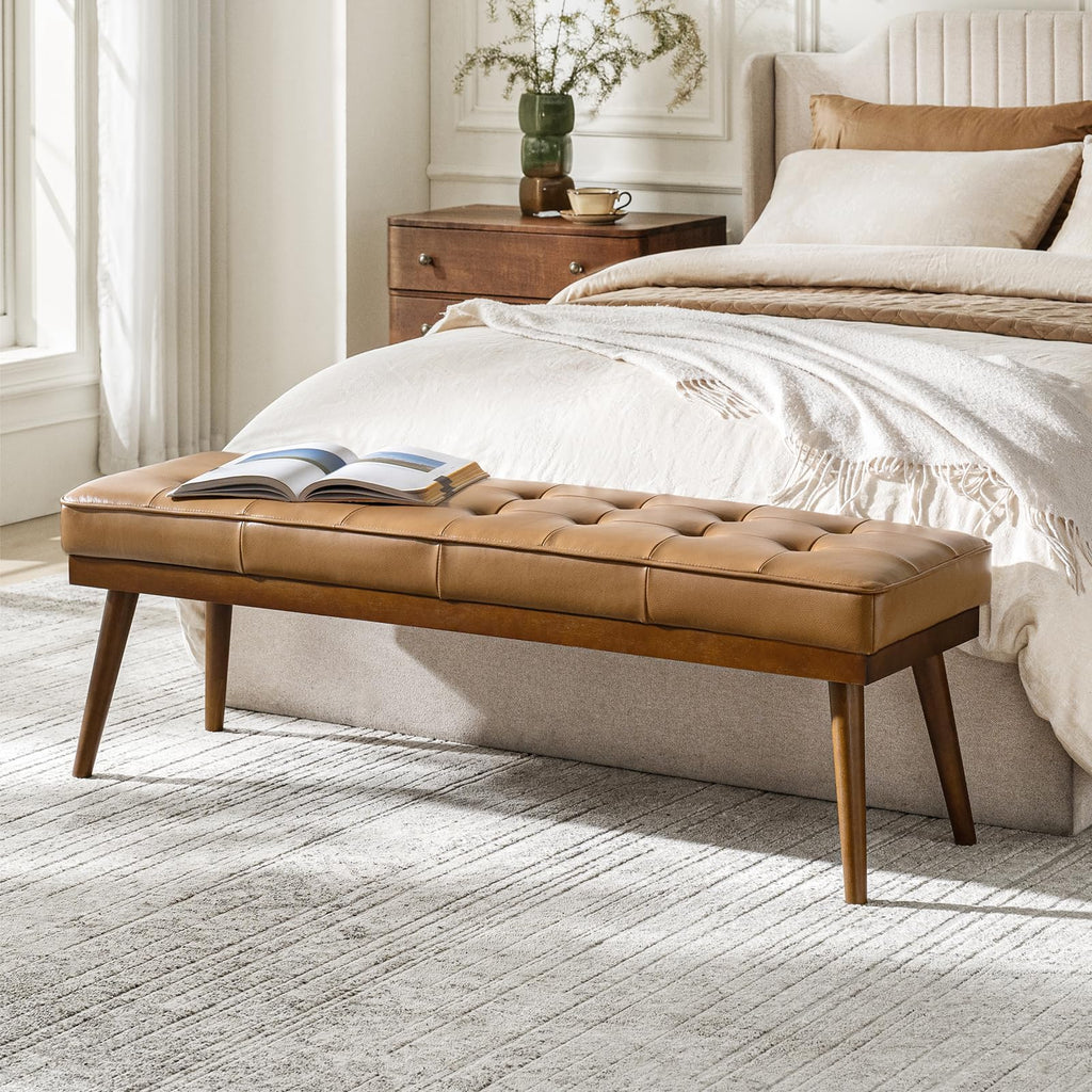 HULALA HOME 55.5" Genuine Leather Bench, Button-Tufted Entryway Bench with Solid Wood Legs, Upholstered End of Bed Bench for Bedroom, Camel