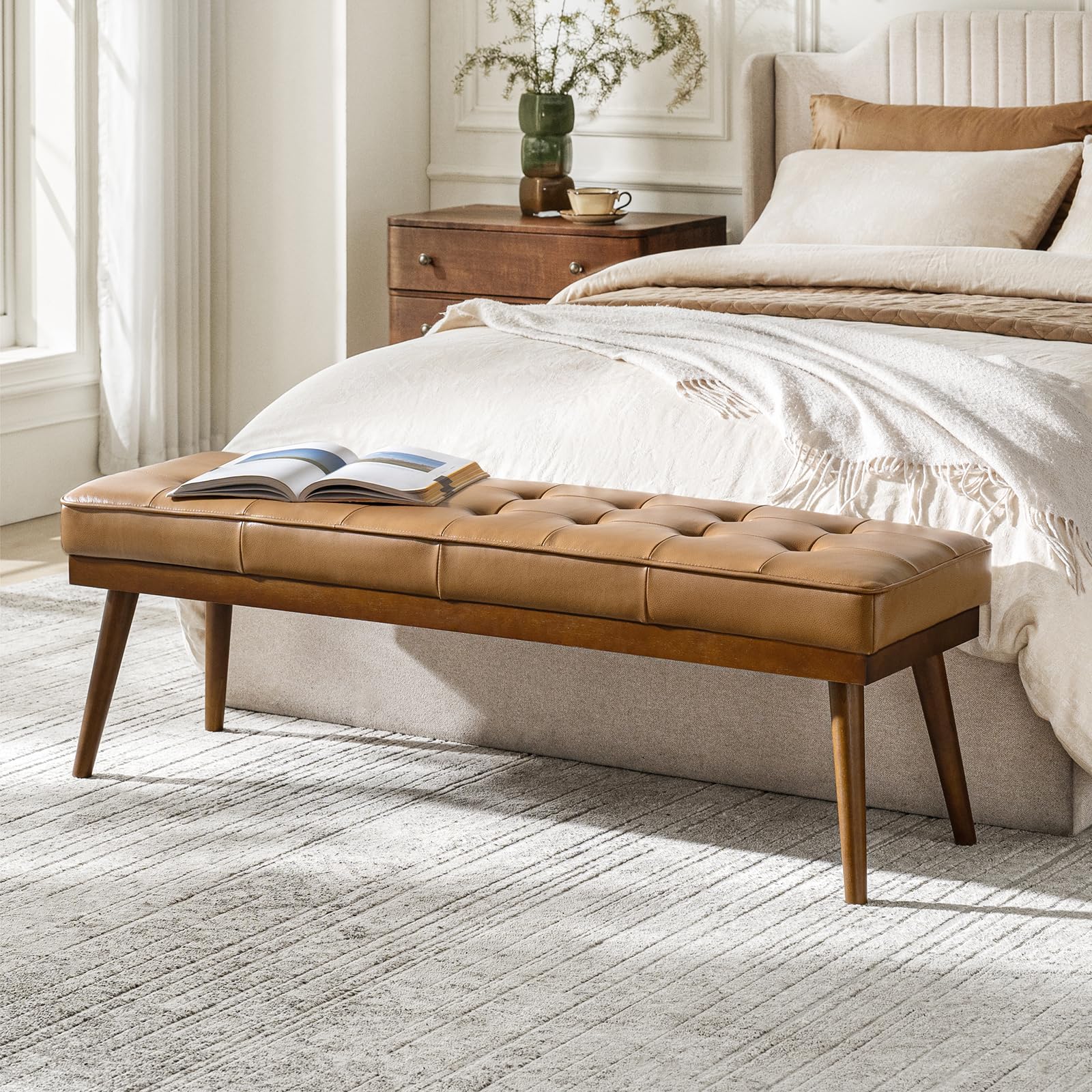 HULALA HOME 55.5" Genuine Leather Bench, Button-Tufted Entryway Bench with Solid Wood Legs, Upholstered End of Bed Bench for Bedroom, Camel