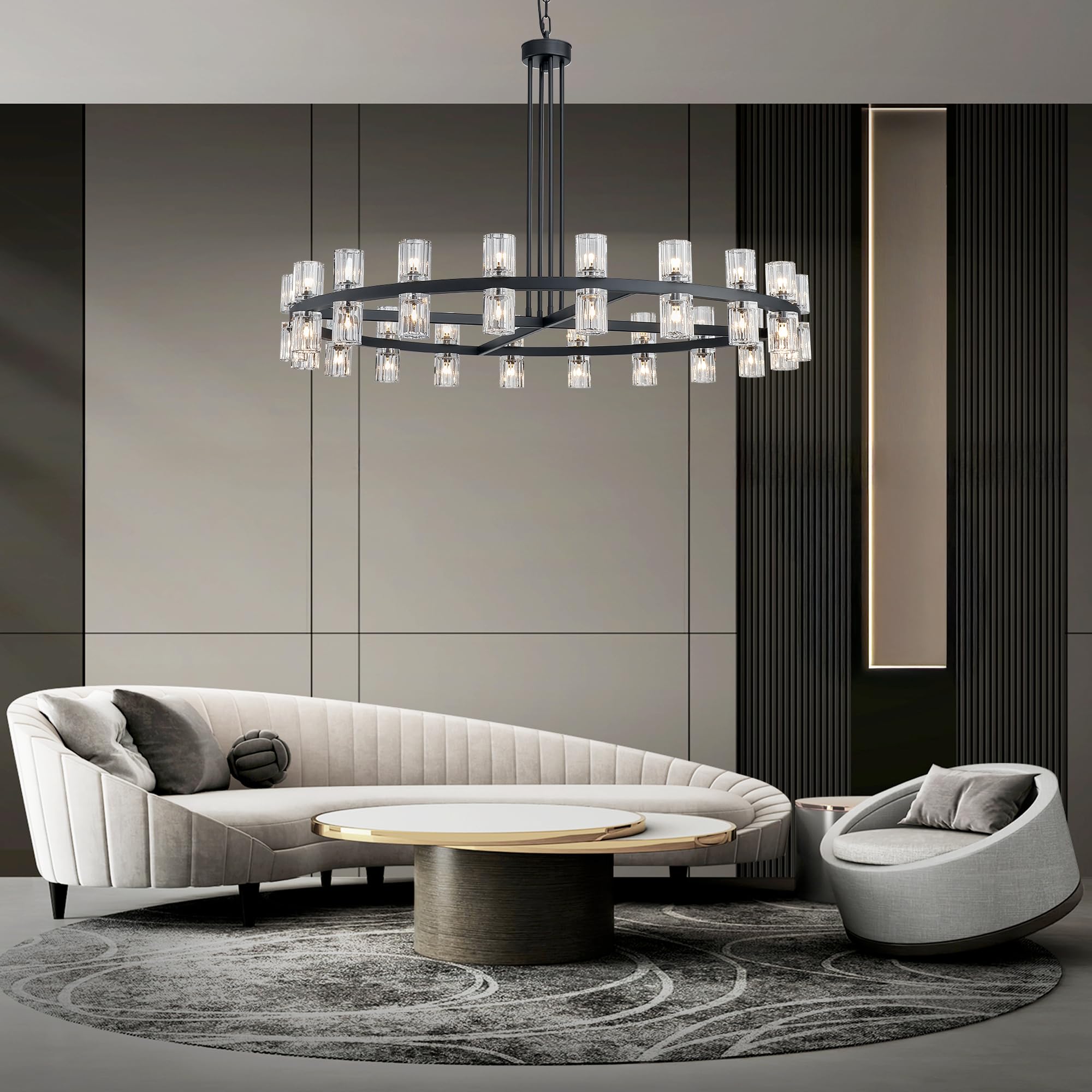 SHEKAITAO 48" Black Wagon Wheel Crystal Chandelier, Modern Round Chandelier for Dining Room Table, K9 Crystal Ceiling Chandelier for Living Room Entryway Foyer, Includes 40× G4 Bulbs