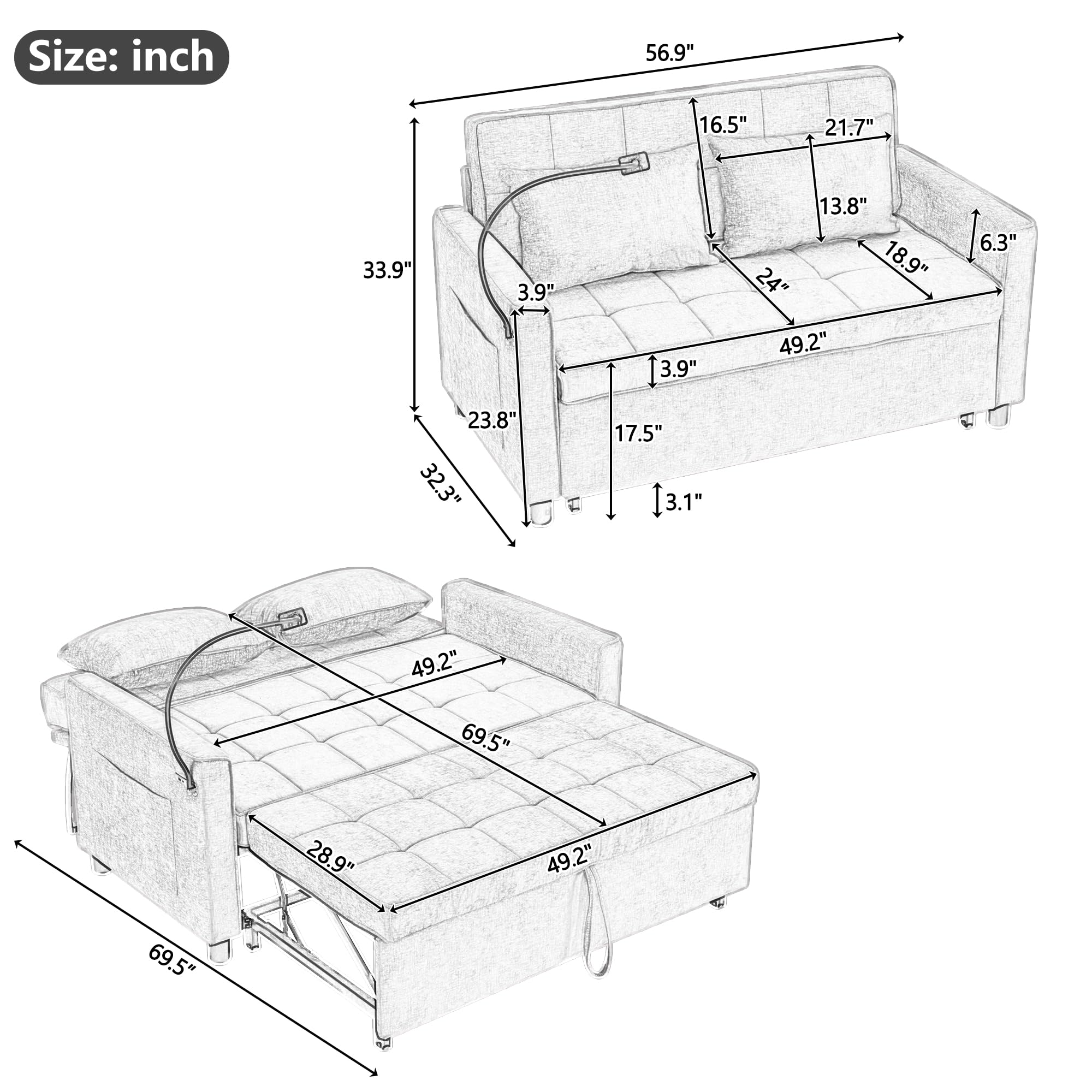Merax 3 in 1 Convertible Sleeper Sofa Bed, Futon Couches for Living Room with USB Ports | Phone Holder| Reversible Backrest | Pull Out Couch |Small Loveseat, Brown