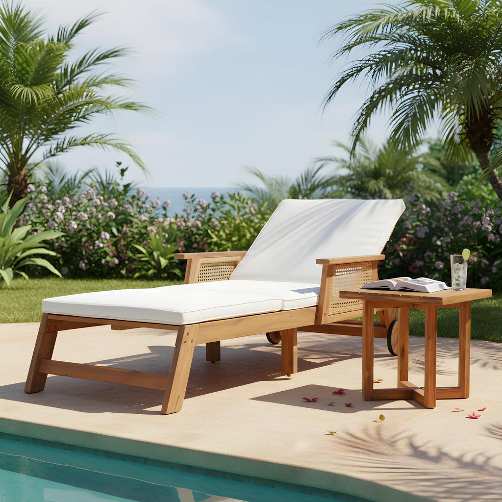 Christopher Knight Home 3-Piece Outdoor Chaise Lounge Chair Set of 2 with Side Table, Acacia Wood Patio Lounge Chairs with Cushion & Wheels, 3-Position Adjustable Beach Backyard Furniture, Beige/Teak