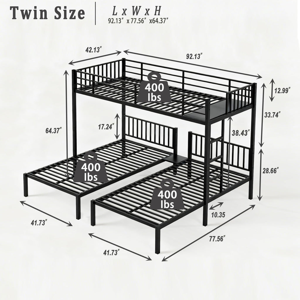 Bellemave Twin Triple Bunk Bed for Kids, Teens,Adults, Metal Twin XL Bunk Beds for 3, 3 bunk Bed for 3 Kids, Adults（Heavy Metal, Black）