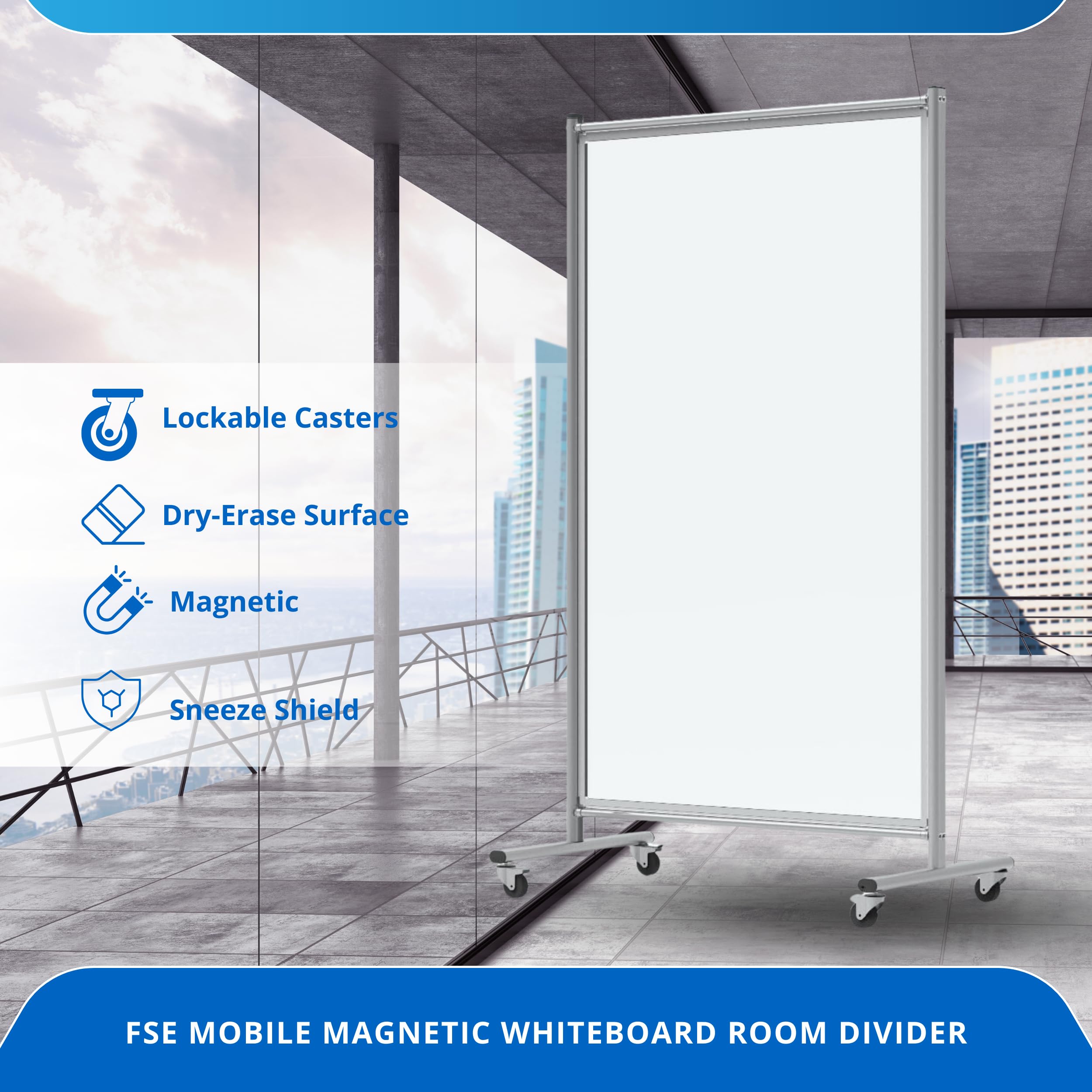 FSE 373-MD4072W Mobile Magnetic Whiteboard Room Divider, 75" Tall Double-Sided Board, Sound Proof Partition Wall Divider with Locking Casters, Steel Frame, Ghost-Resistant Surface, White/Silver