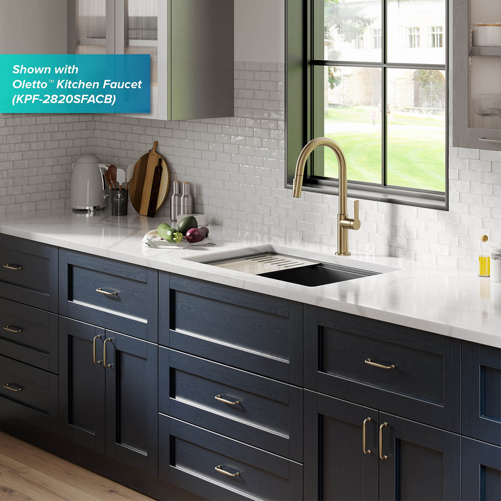 KRAUS Bellucci 30” in. Undermount Workstation Granite Kitchen Sink in Metallic Black with Accessories, KGUW2-30MBL