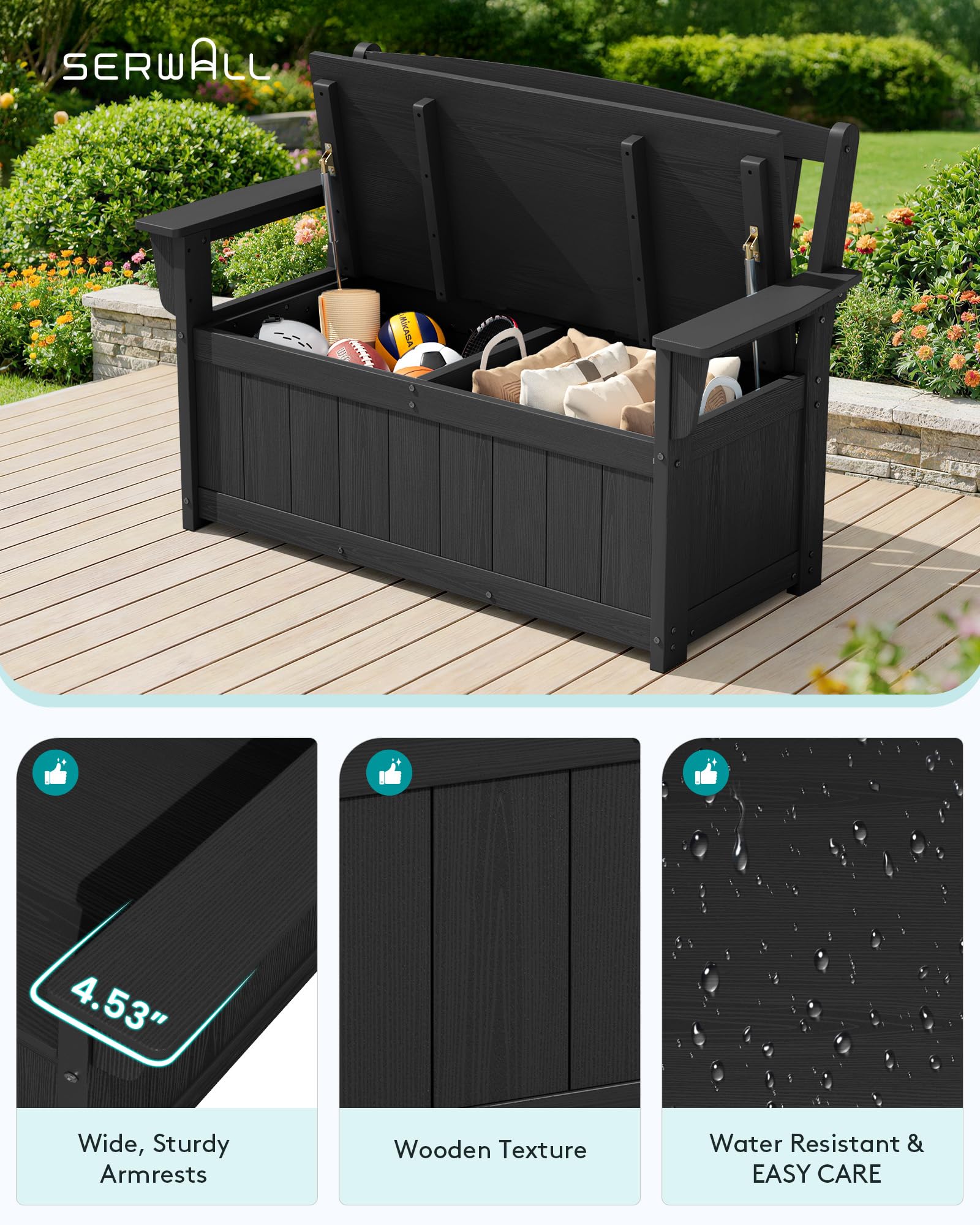 SERWALL HDPE Outdoor Storage Bench, All-Weather, UV-Resistant Deck Box with Waterproof Storage Bags, 57 Gallon Dual-Use Seat & Organizer Deck Boxes for Patio, Garden Tools & Pool (Dark Black)