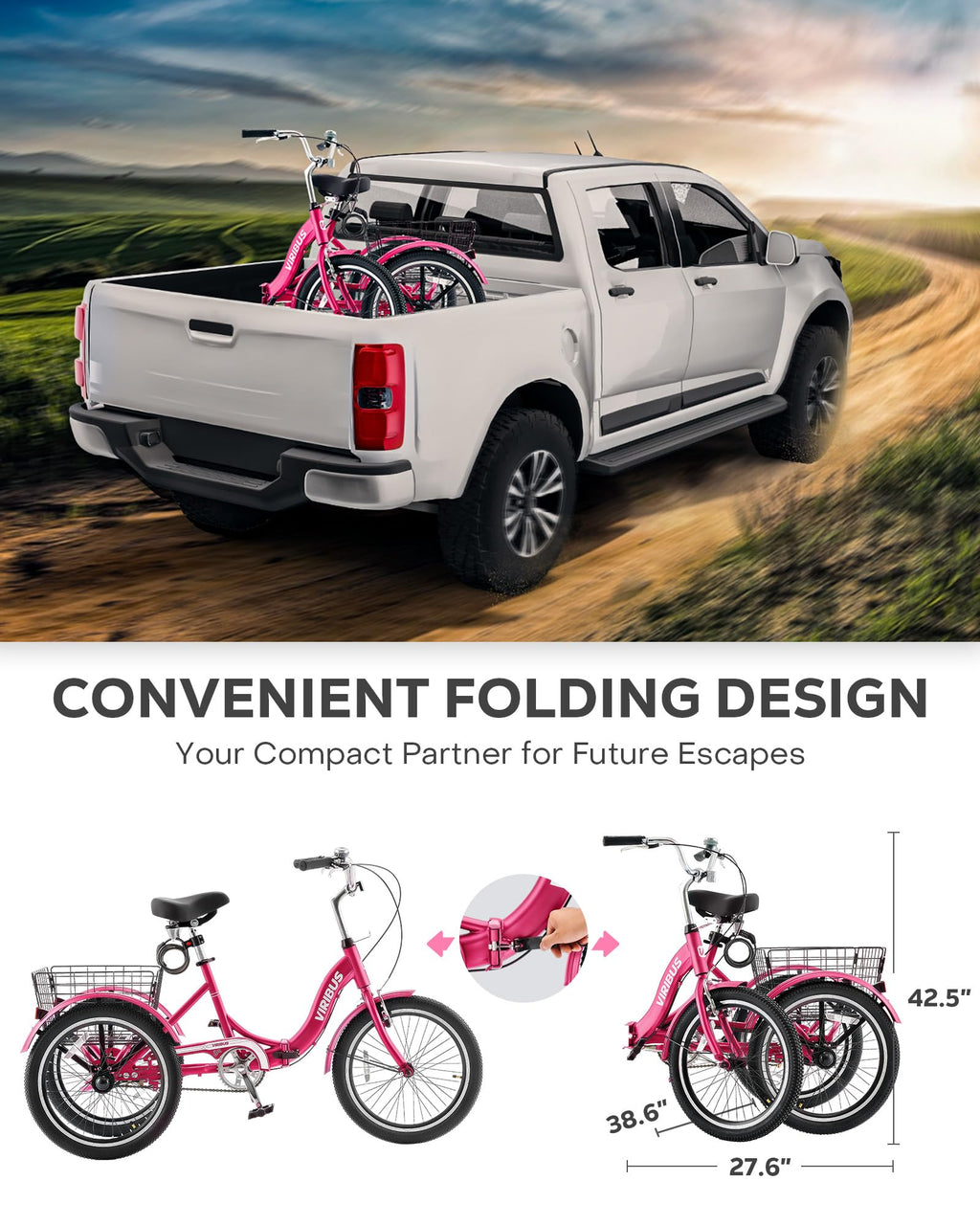 VIRIBUS Folding Tricycle for Adults, 20 inch Foldable Adult Tricycle, Folding 3 Wheel Bikes with Basket for Short Women Seniors, 1 Speed Collapsible Trike 330lb. Capacity, Three Wheeler Hot Pink