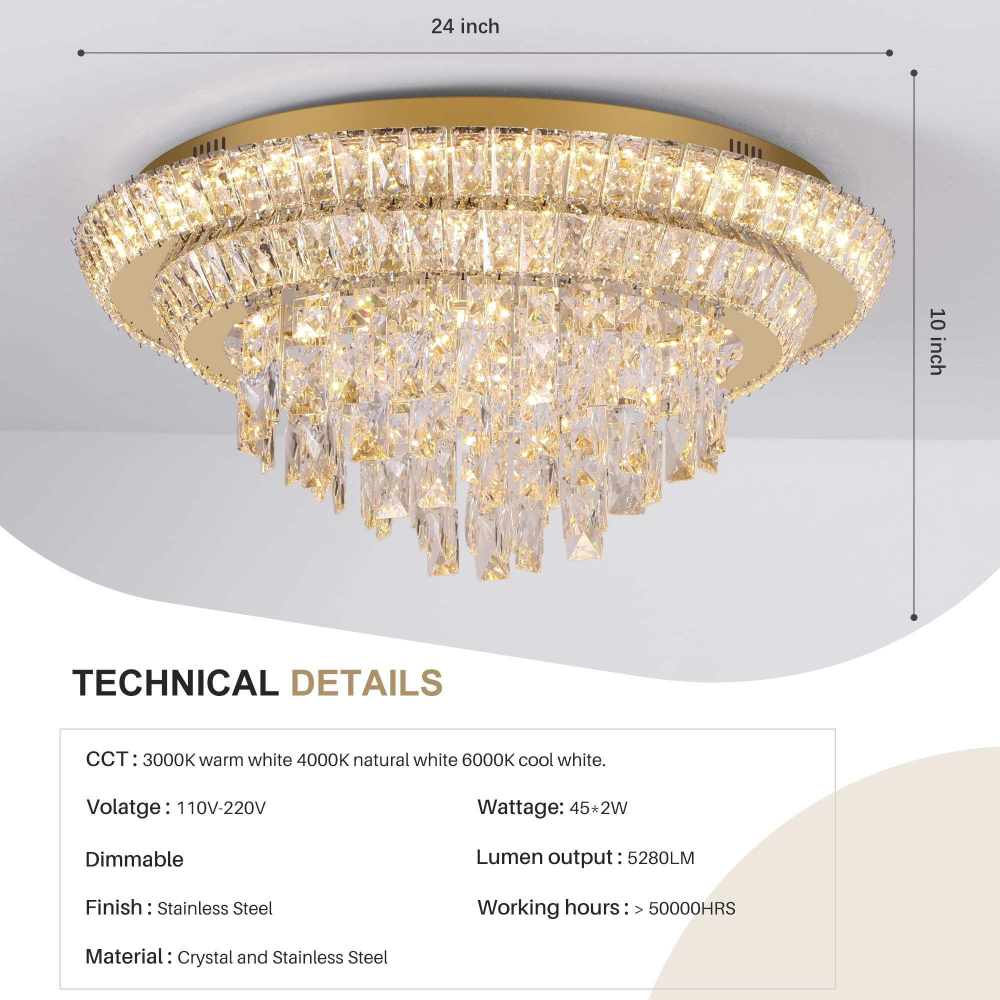 24 inch Flush Mount Crystal Chandelierse with Remote and APP Gold, Modern Elegant LED Crystal Raindrop Ceiling Light Fixtur, 3CCT Dimmable, for Living Room Kitchen Island Bedroom Entryway Foyer