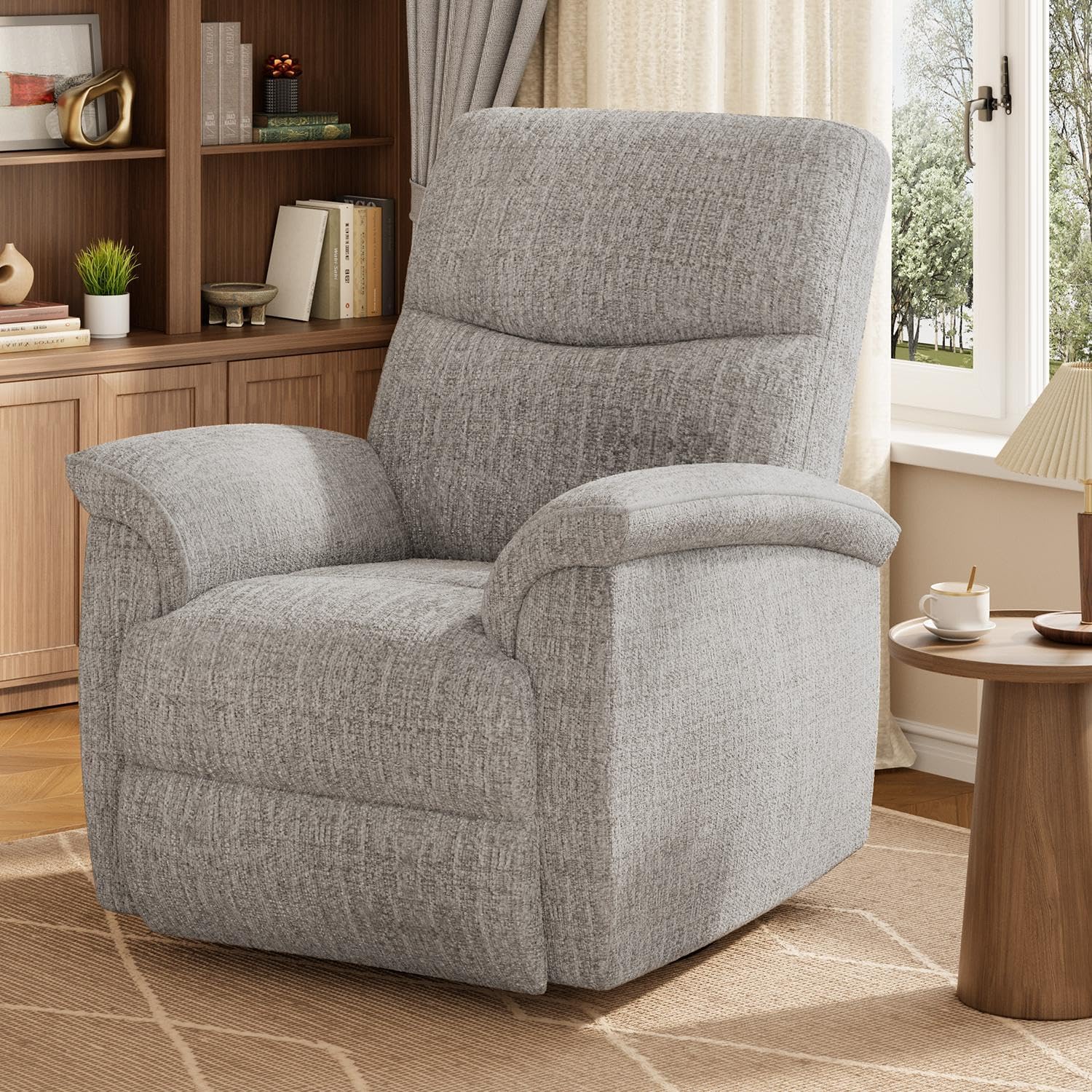 GarveeHome Recliner Chair, 360° Swivel Rocker Glider Nursery Chair with Padded Armrest and Deep Seat, PU Leather Upholstered Reclining Sofa Chair for Living Room, Bedroom and Nursery (Light Gray)