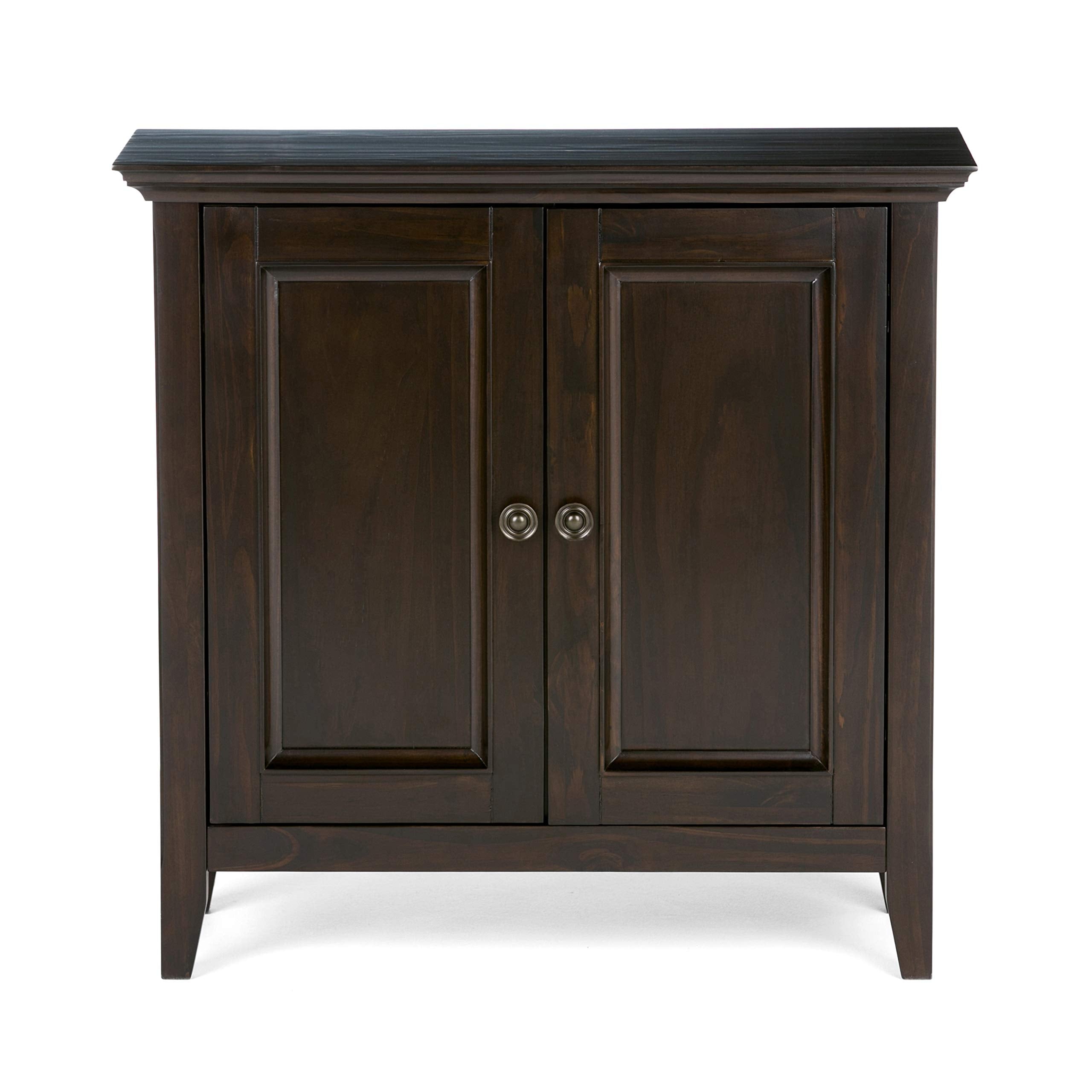 SIMPLIHOME Amherst 32-inch Wide Solid Wood Transitional-Style Low Storage Cabinet in Hickory Brown for Living Room, Entryway, or Dining Area with Adjustable Shelves
