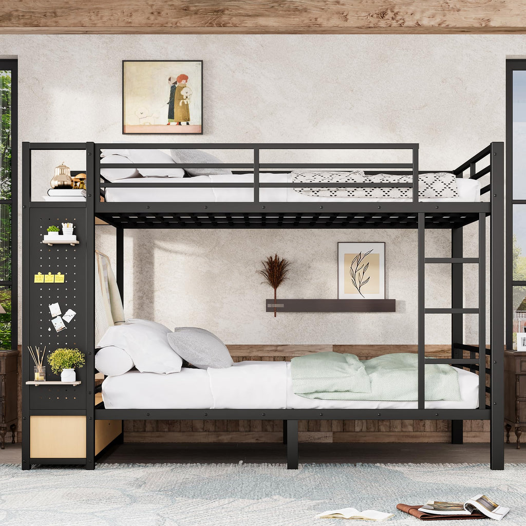 Bellemave Queen Over Queen Metal Bunk Bed with Storage Drawers and Shelves, Heavy Duty Bunk Beds with Pegboard and Coat Rack for Kids, Adults,Black