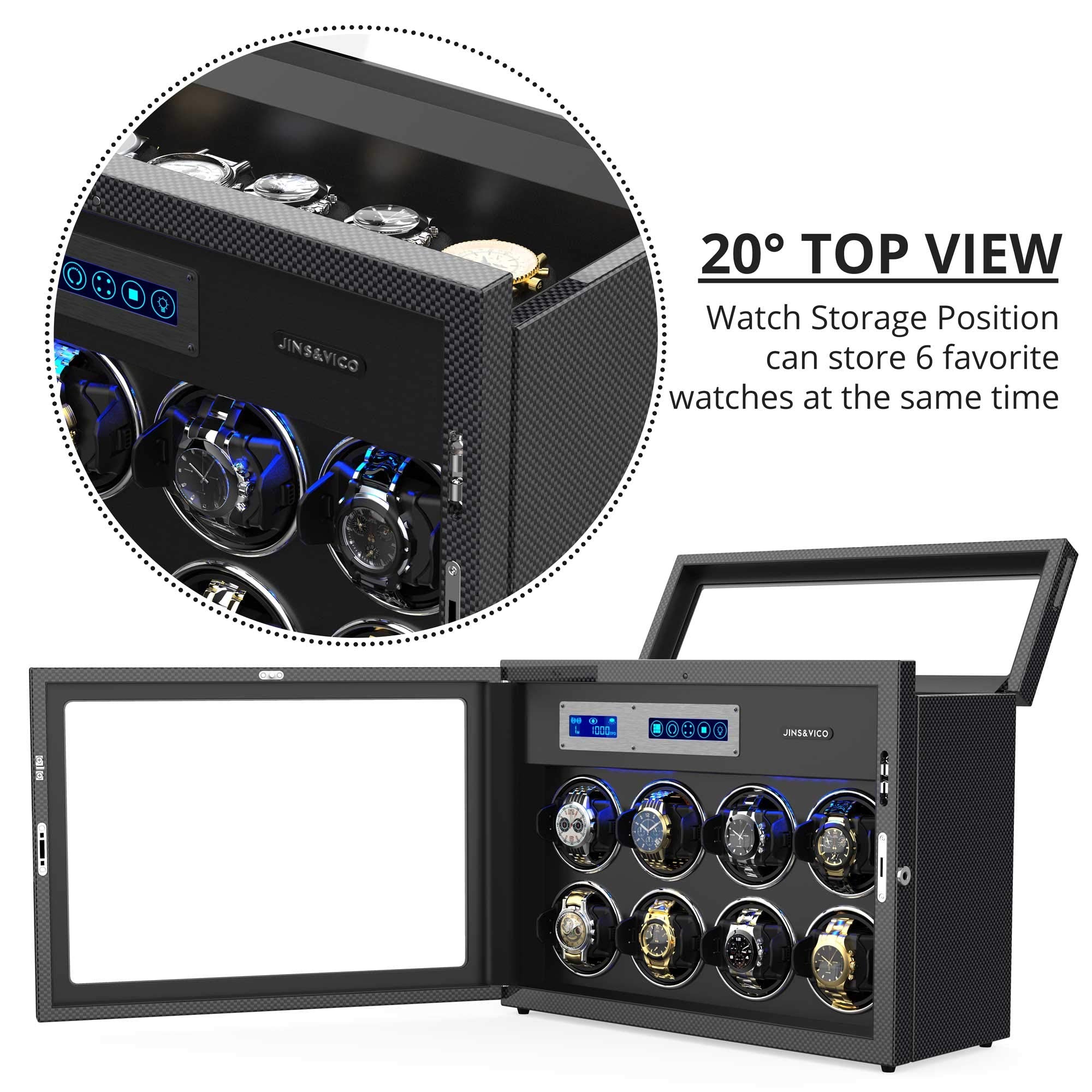 JINS&VICO Watch Winder for Automatic Watches, Carbon Fibre Shell with High-Gloss Lacquer, Upgraded Adjustable Watch Pillows Fit for Universal Lady and Men's Watch, Built-in Illumination