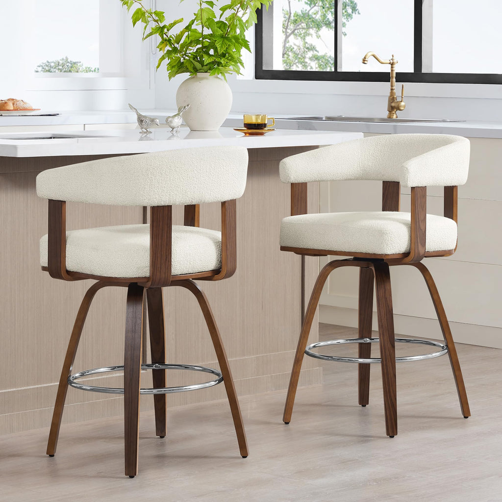 CHITA Swivel Counter Height Barstools Set of 2, FSC Certified Polyester Upholstered Bar Stools with Back and Armrest for Kitchen Island Home Bar, 27" Seat Height, Cream with Walnut Frame