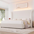 Keyluv King Bed Frame with 54.3” Tall Faux-Fur Wingback Headboard, Upholstered Platform Bed with LED Light, Mattress Foundation with Solid Wooden Slats Support, No Box Spring Needed, Noise-Free, Beige