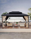 12x16 ft Hardtop Gazebo for All Weather, Double Metal Roof, Reinforced Aluminum Frame, Curtains & Netting, Permanent Outdoor Pavilion for Patio, Deck, Backyard, Lawn, Garden, Matte Black Finish