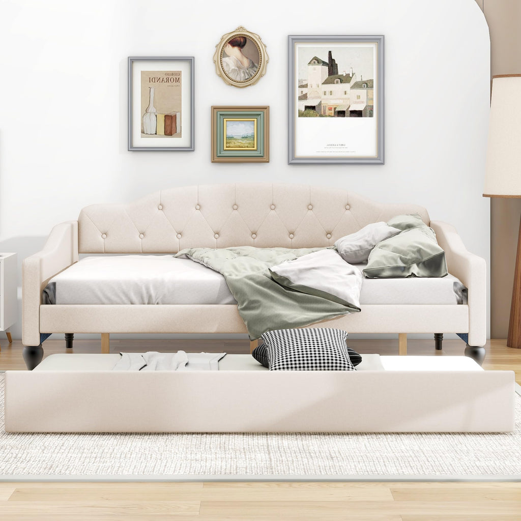 YOPTO Full Size Linen Upholstered Tufted Daybed with Twin Size Trundle,Sofa Bed,No Box Spring Needed, Furniture for Bedroom Living Room Guest Room,Beige