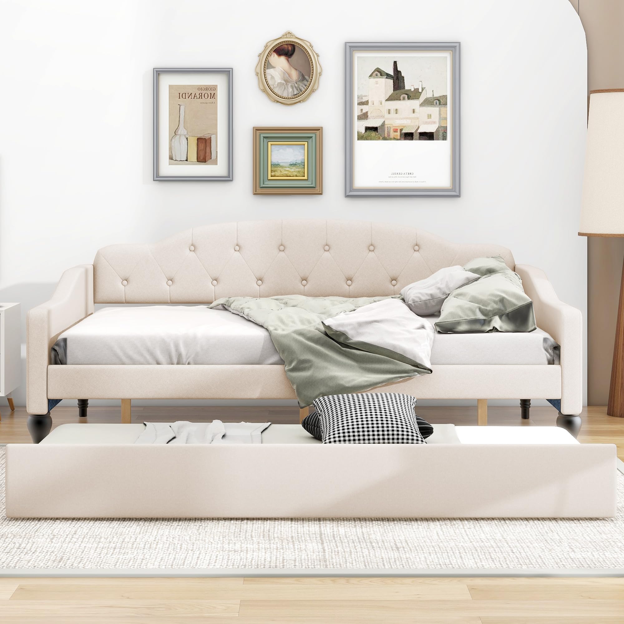 YOPTO Full Size Linen Upholstered Tufted Daybed with Twin Size Trundle,Sofa Bed,No Box Spring Needed, Furniture for Bedroom Living Room Guest Room,Beige