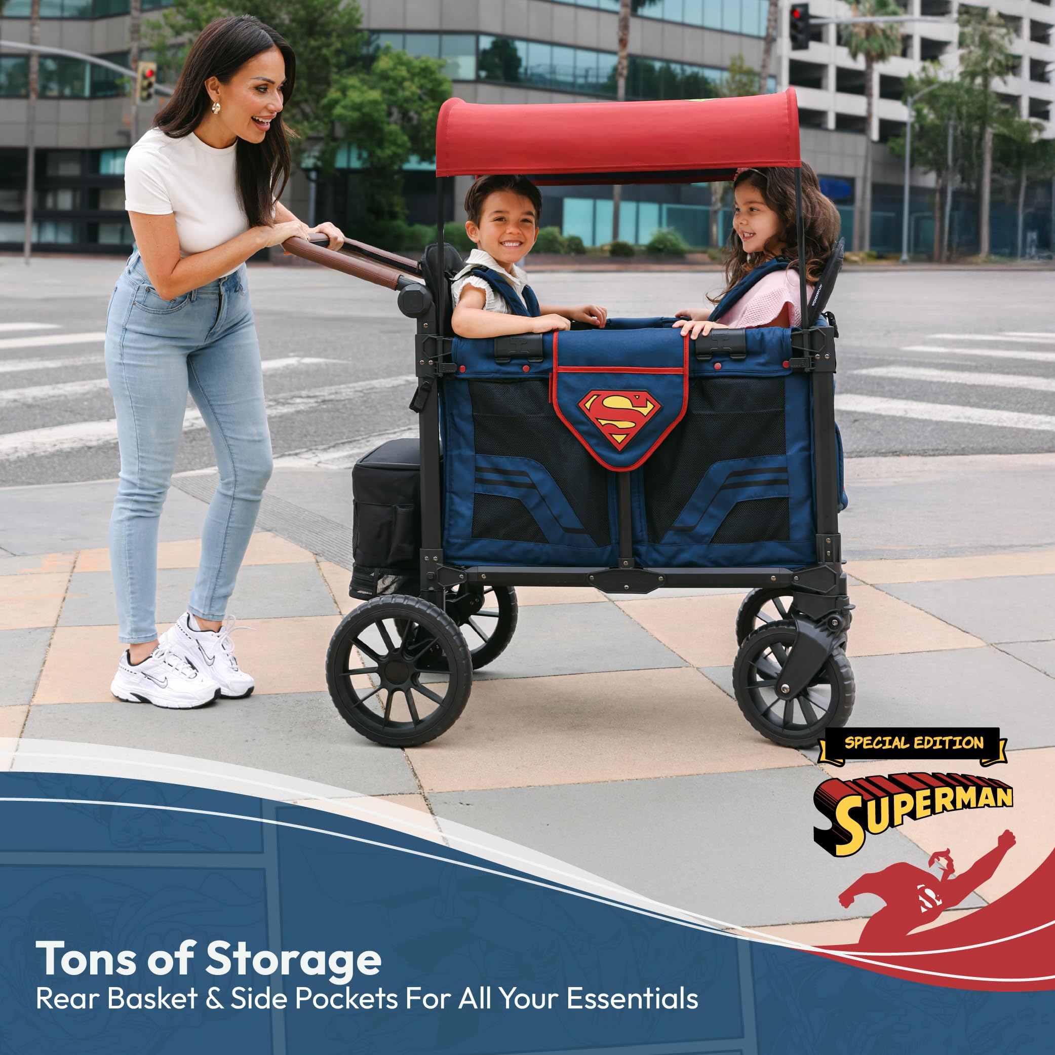 WONDERFOLD W2 Luxe Pro Special Edition Superman Stroller Wagon (2 Seater) - Collapsible Wagon Stroller with Seats with 5-Point Harnesses, Easy Access Zipper Door, and Removable Sun Canopy